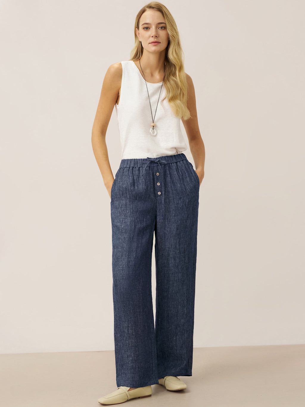 Pantalones de cintura recta 100% lino