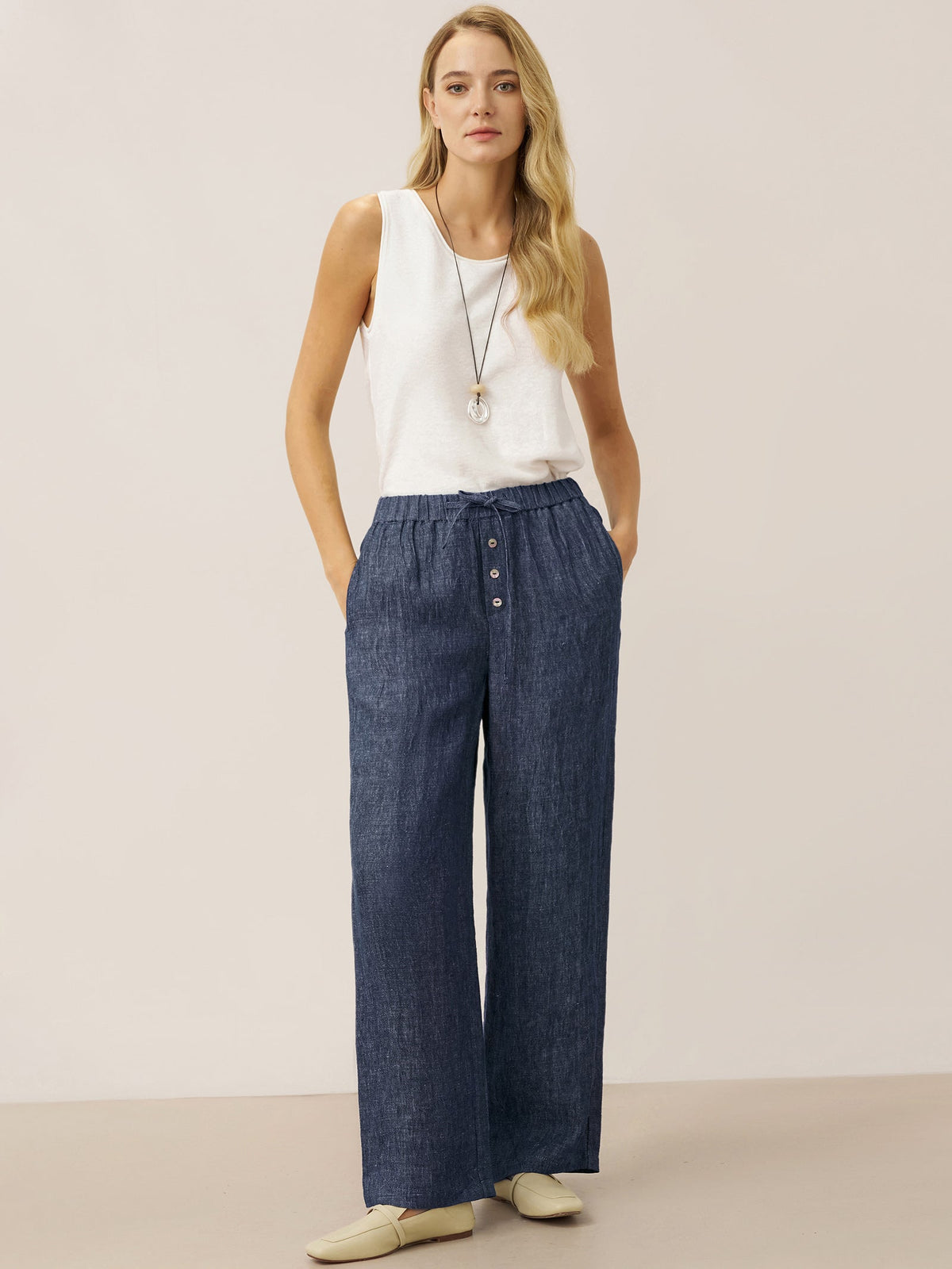 Pantalones de cintura recta 100% lino
