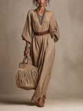 Khaki Linen Maxi Dress with Boat Neck