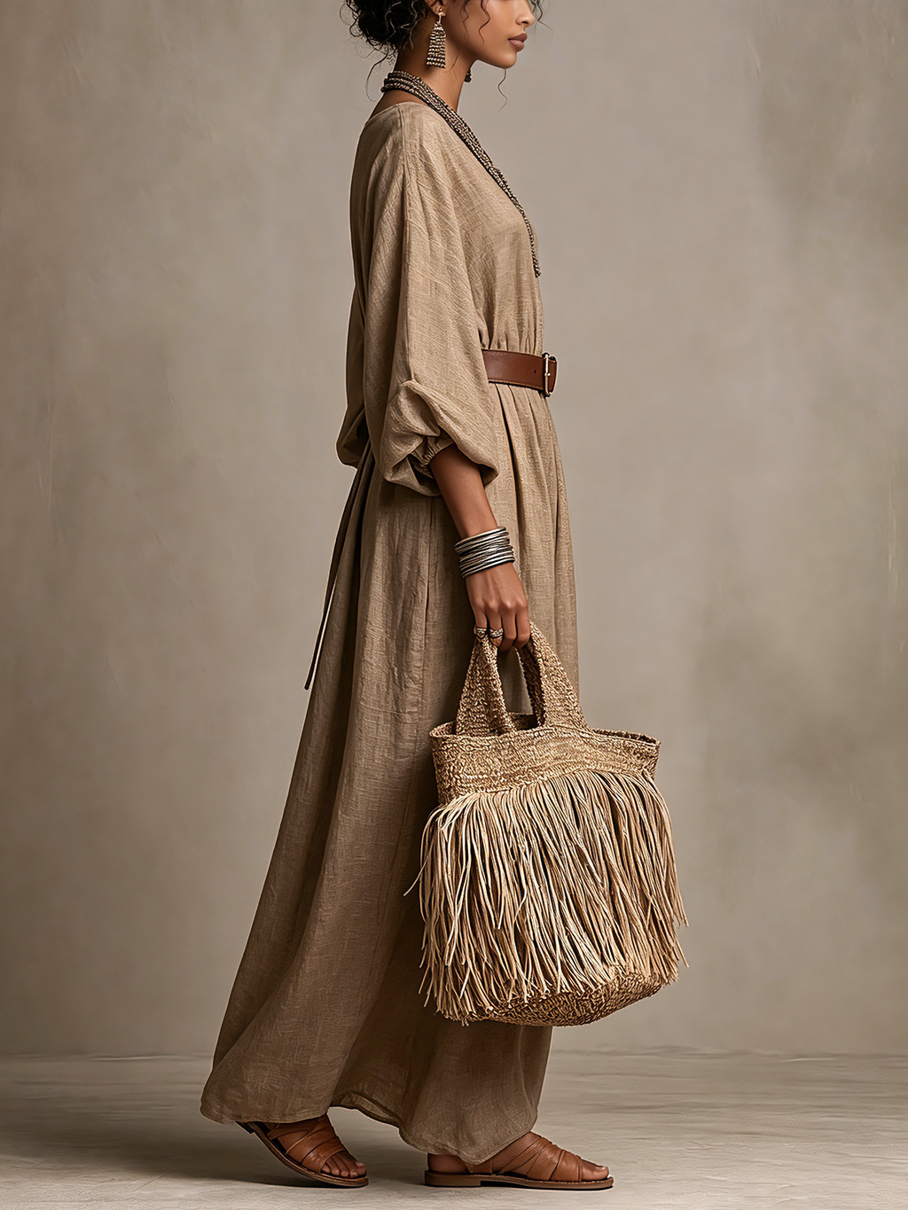 Khaki Linen Maxi Dress with Boat Neck