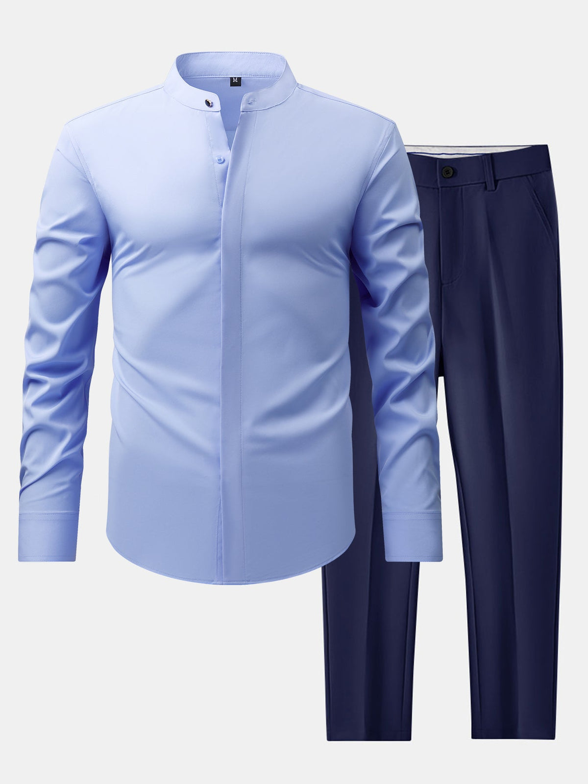 Camisa de Vestir con Cuello Mao y Pantalón Ajustado de Corte Cónico