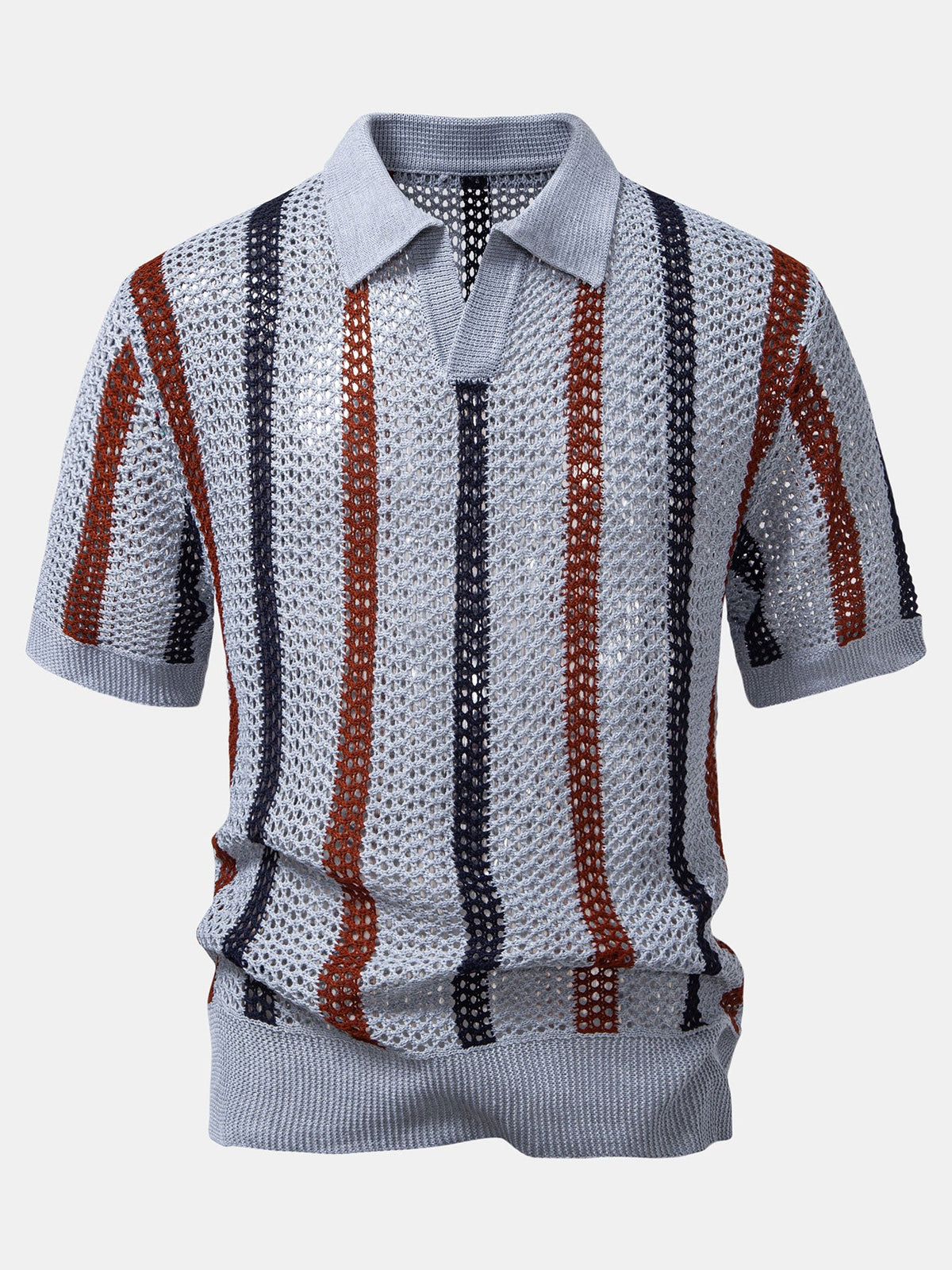 Striped crochet V-neck polo shirt