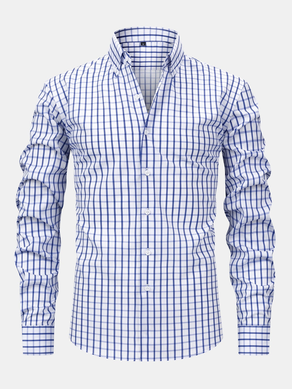 Long-sleeved plaid button-down shirt and tapered slim-fit trousers