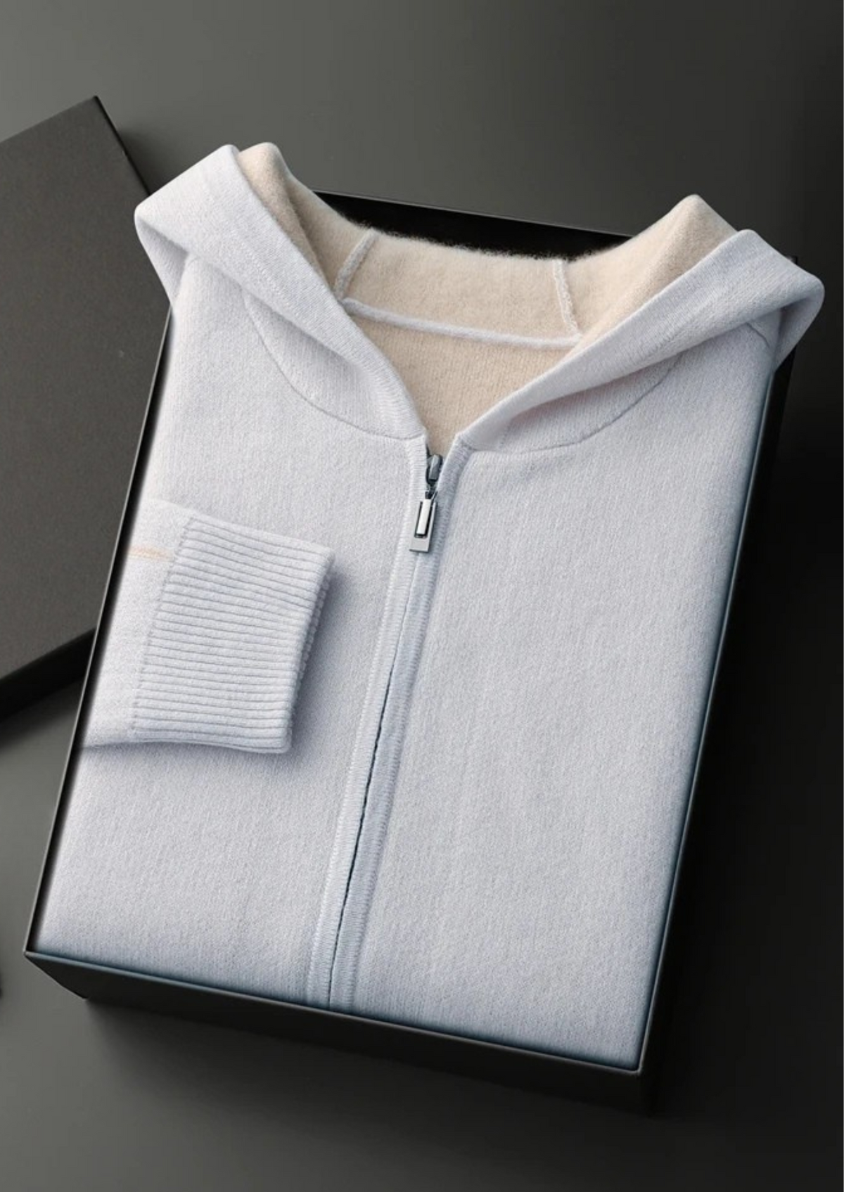 Sudadera bicolor 100% cachemir con cremallera y capucha