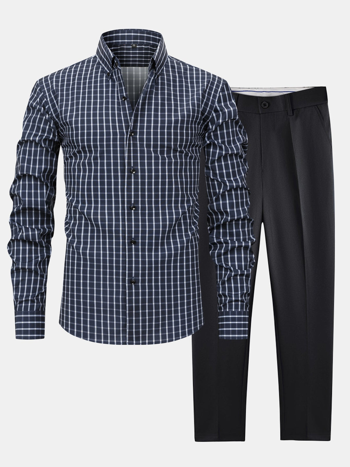 Camisa con botones de cuadros de manga larga y pantalones ajustados de corte cónico