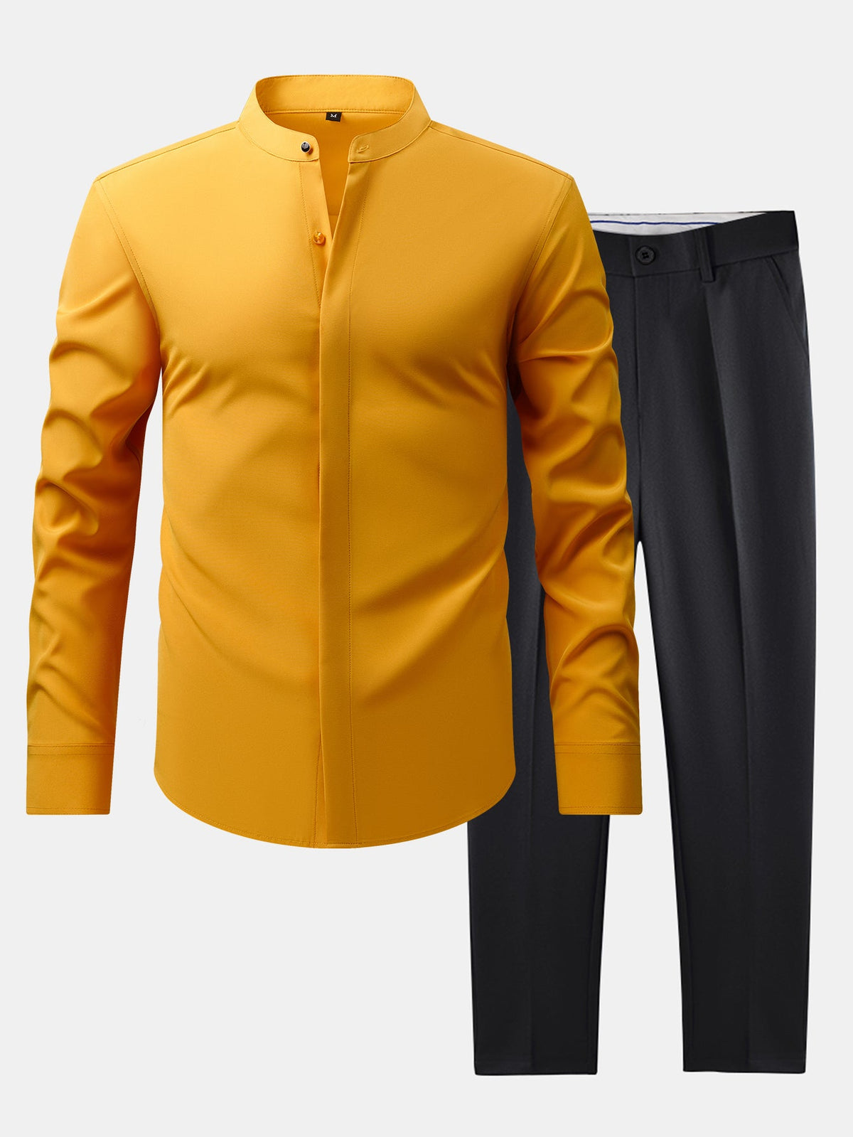 Camisa de Vestir con Cuello Mao y Pantalón Ajustado de Corte Cónico