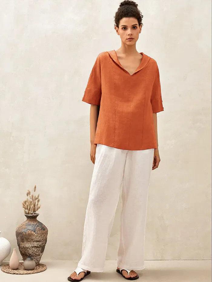 Camisa de lino con escote en V y manga corta
