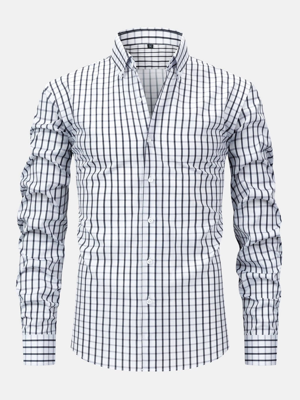 Long-sleeved plaid button-down shirt and tapered slim-fit trousers