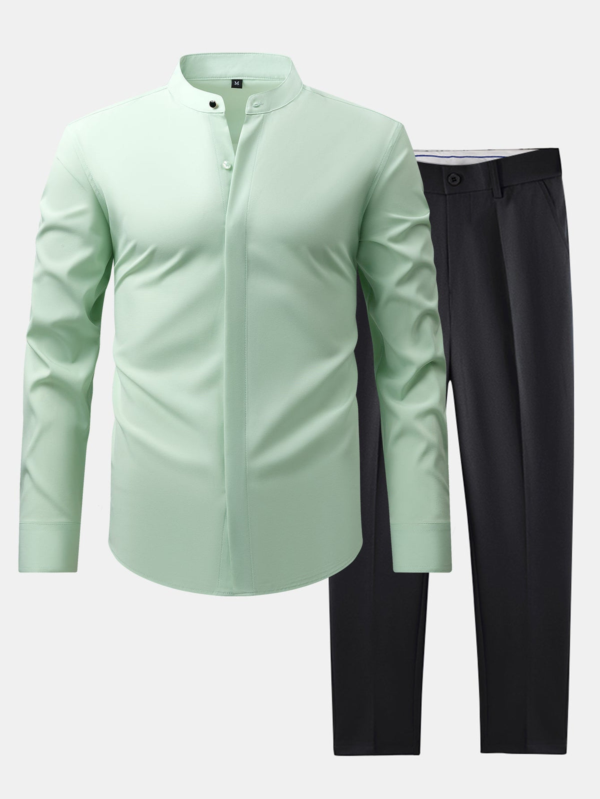 Camisa de Vestir con Cuello Mao y Pantalón Ajustado de Corte Cónico