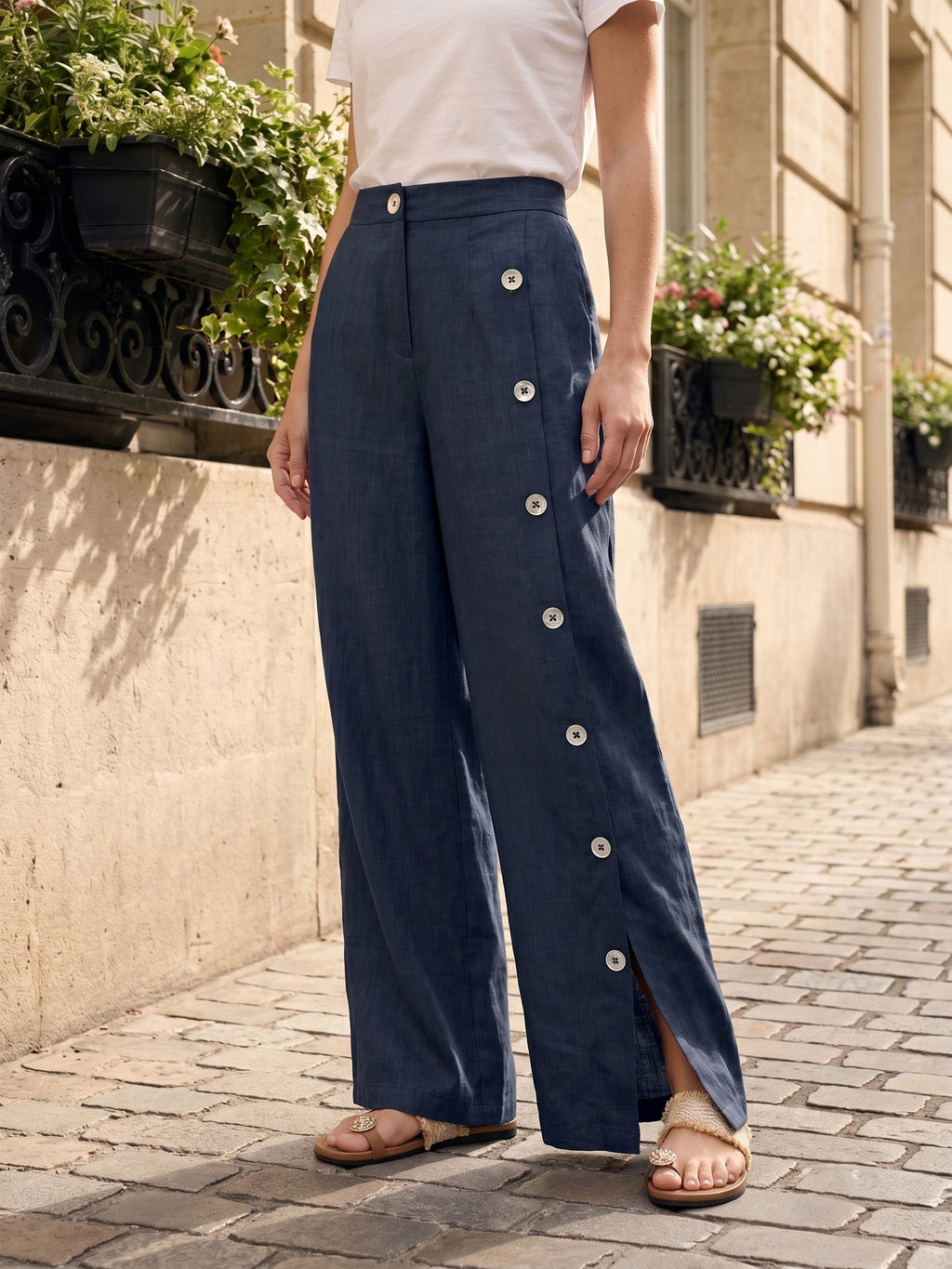 Pantalones 100% lino abotonados