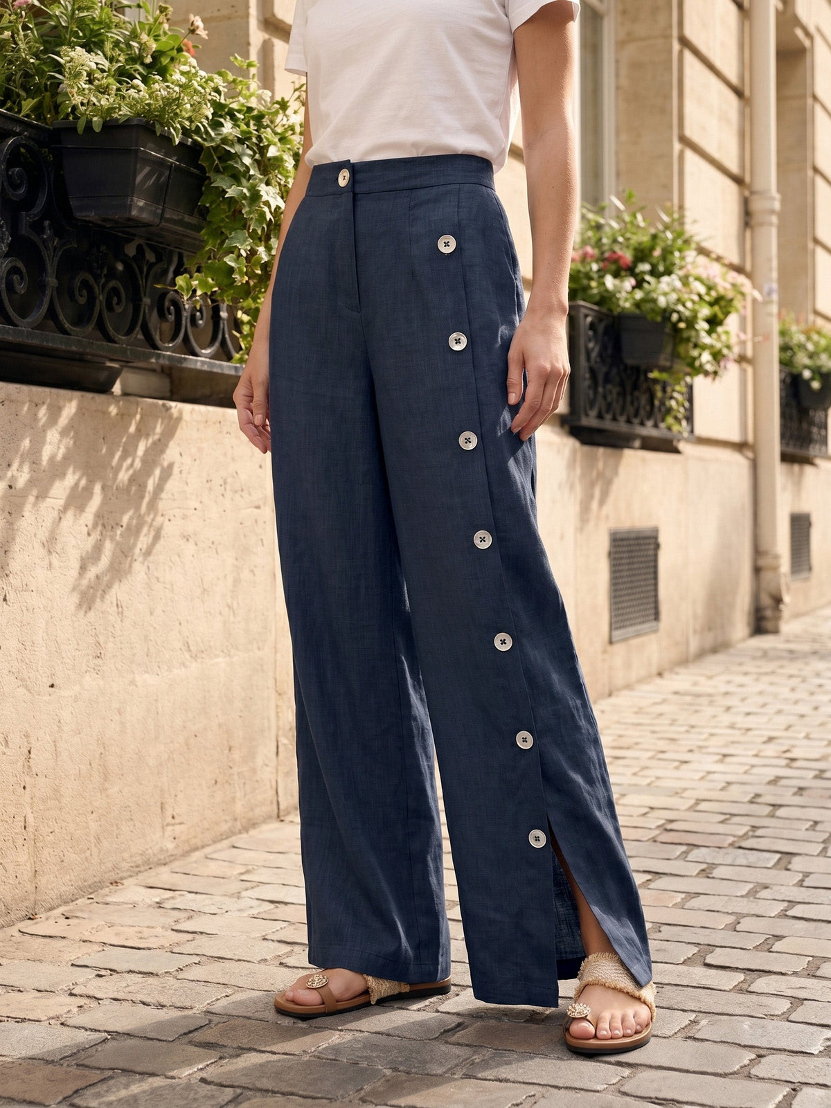 Pantalones 100% lino abotonados