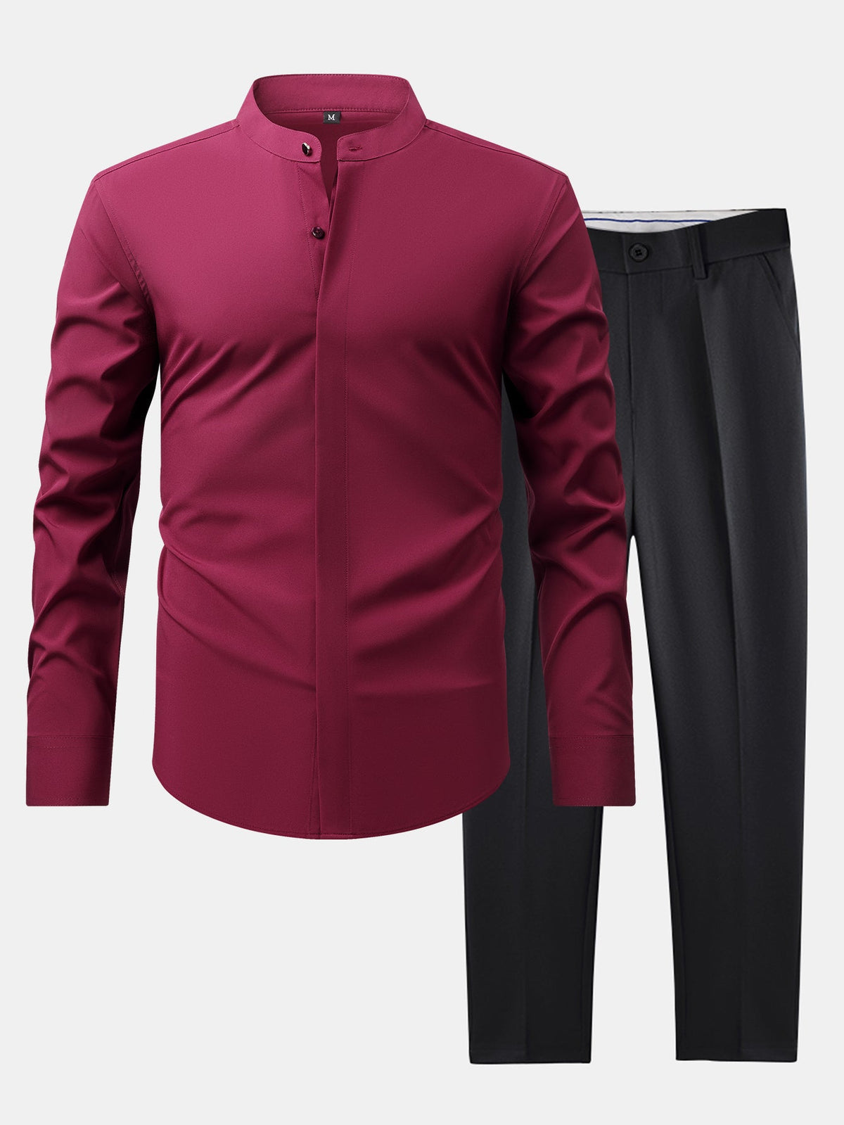 Camisa de Vestir con Cuello Mao y Pantalón Ajustado de Corte Cónico