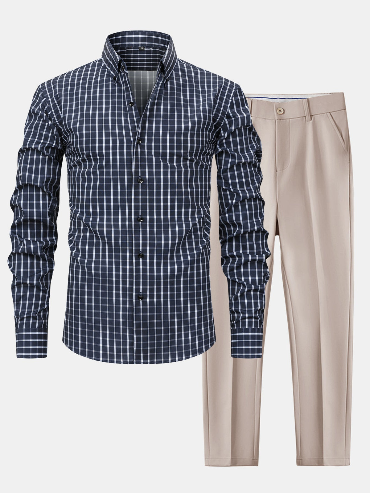 Camisa con botones de cuadros de manga larga y pantalones ajustados de corte cónico
