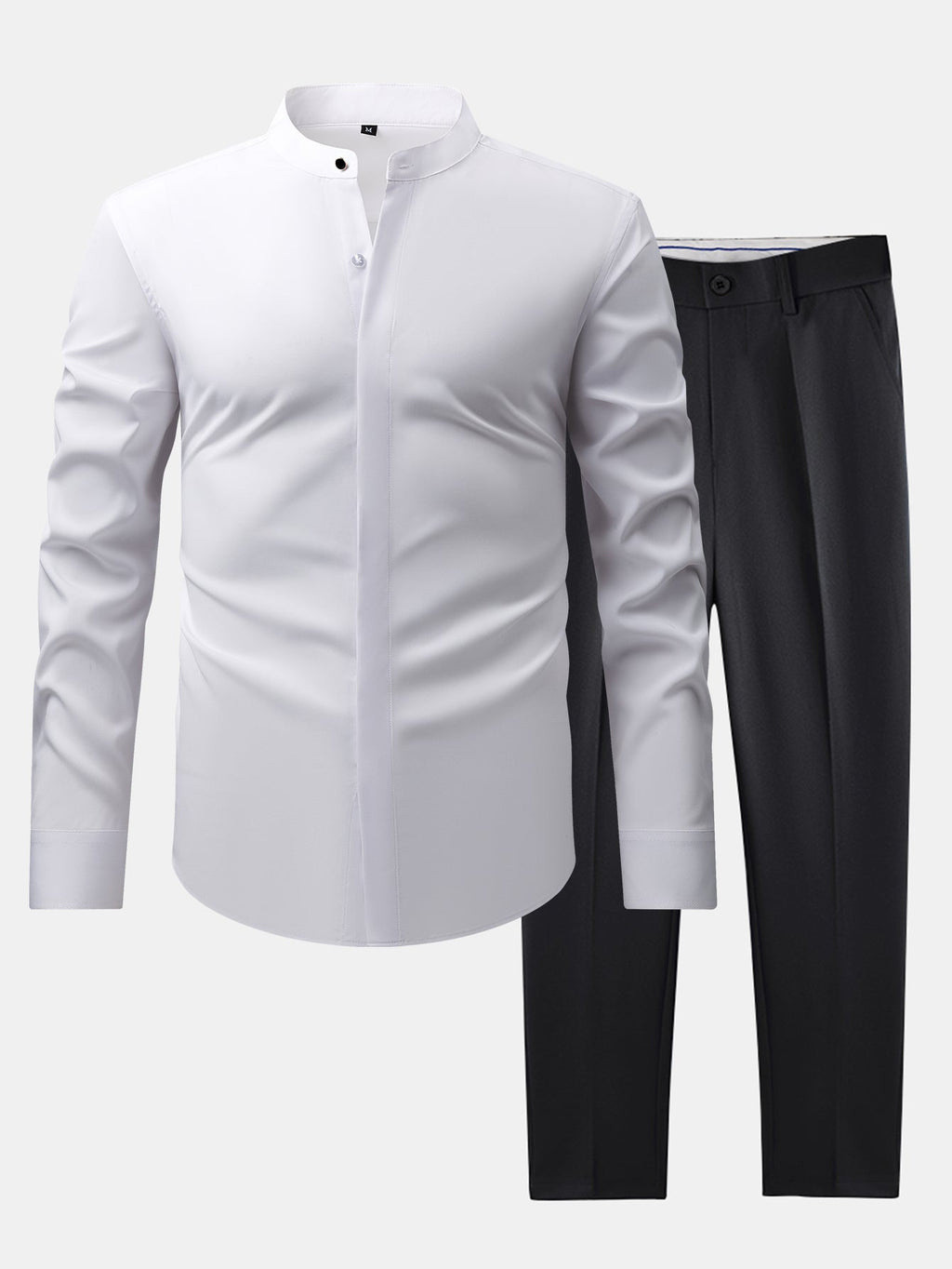 Camisa de Vestir con Cuello Mao y Pantalón Ajustado de Corte Cónico