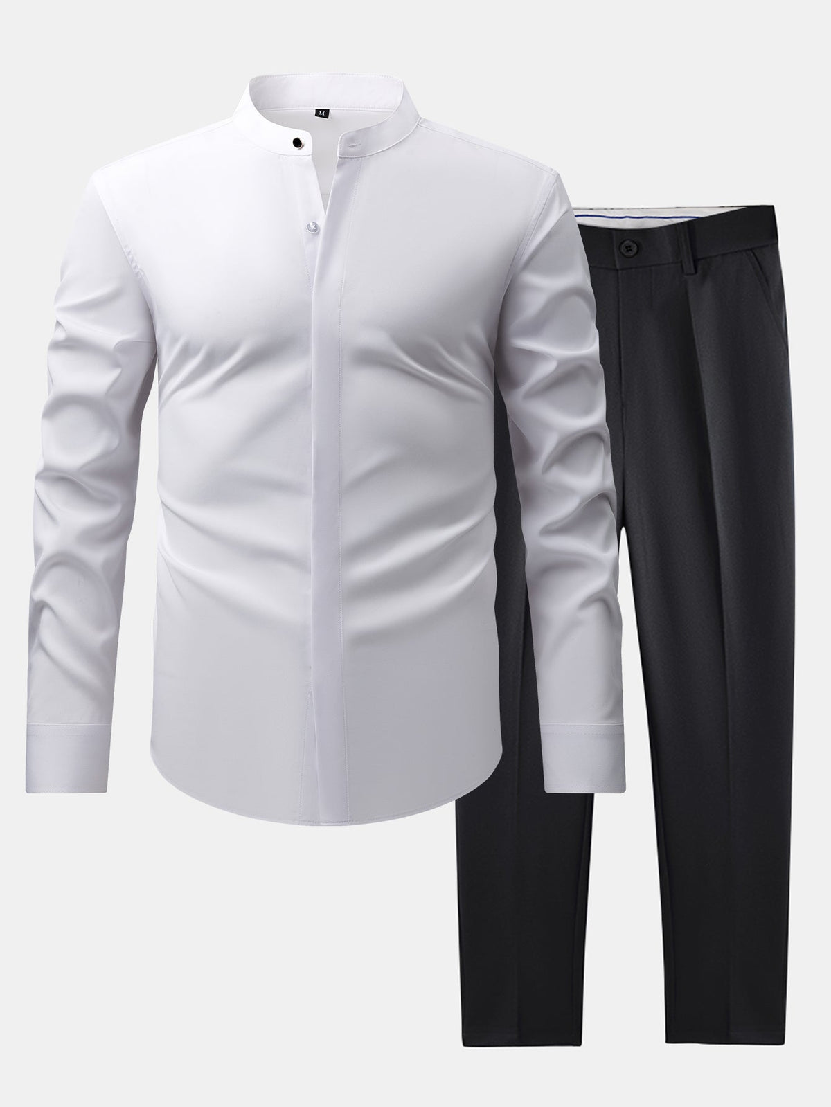 Camisa de Vestir con Cuello Mao y Pantalón Ajustado de Corte Cónico