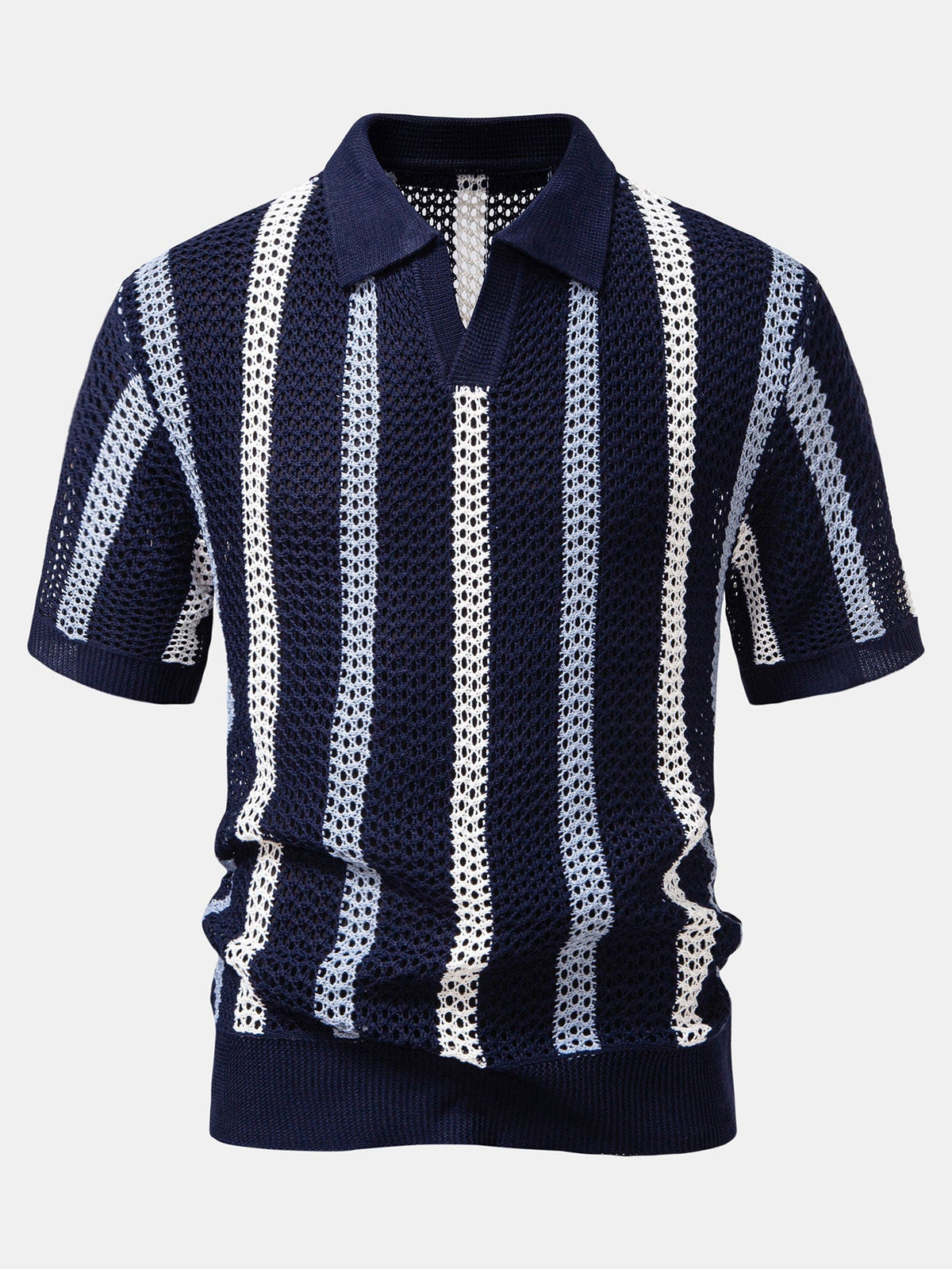 Striped crochet V-neck polo shirt