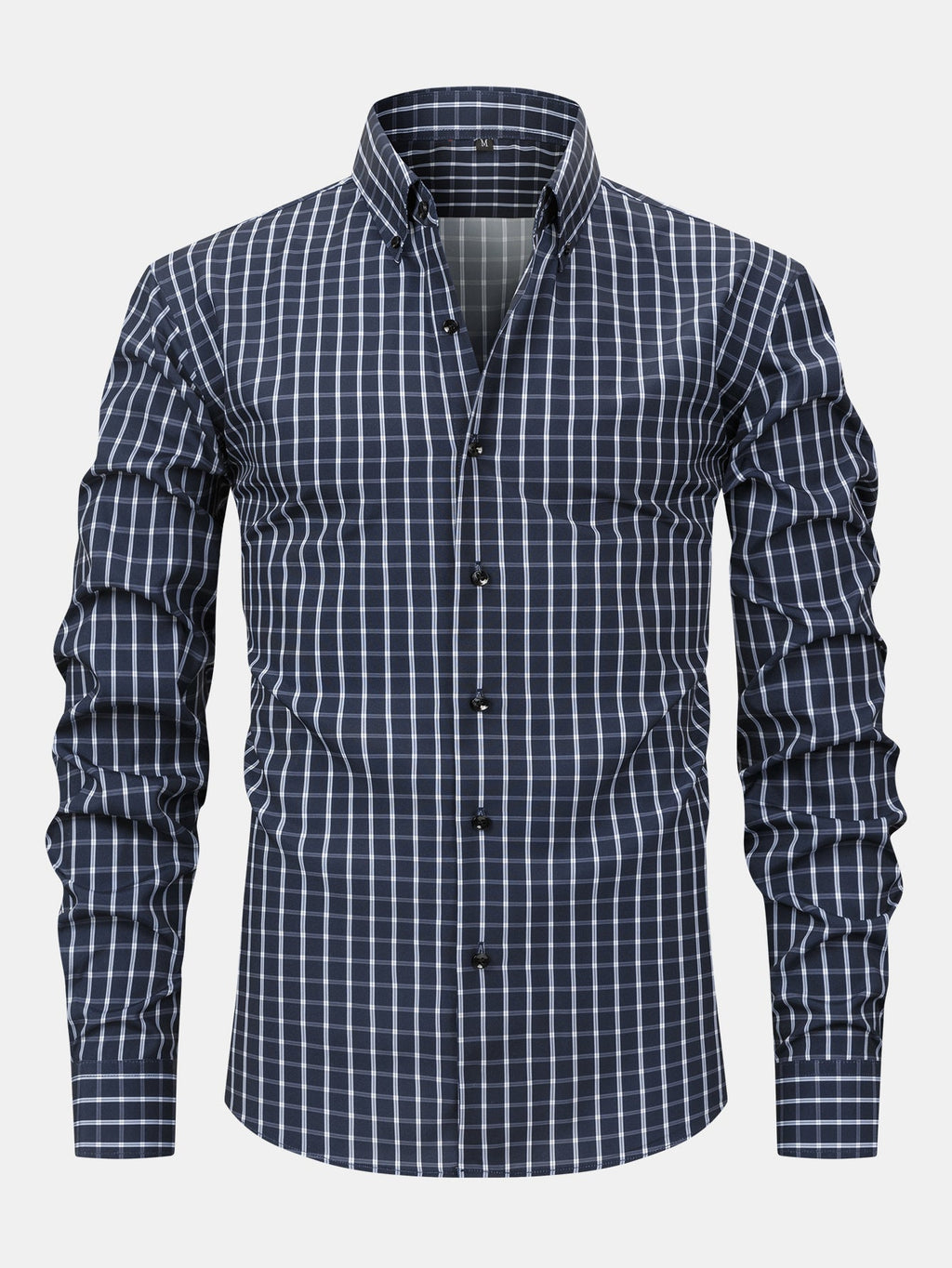 Long-sleeved plaid button-down shirt and tapered slim-fit trousers