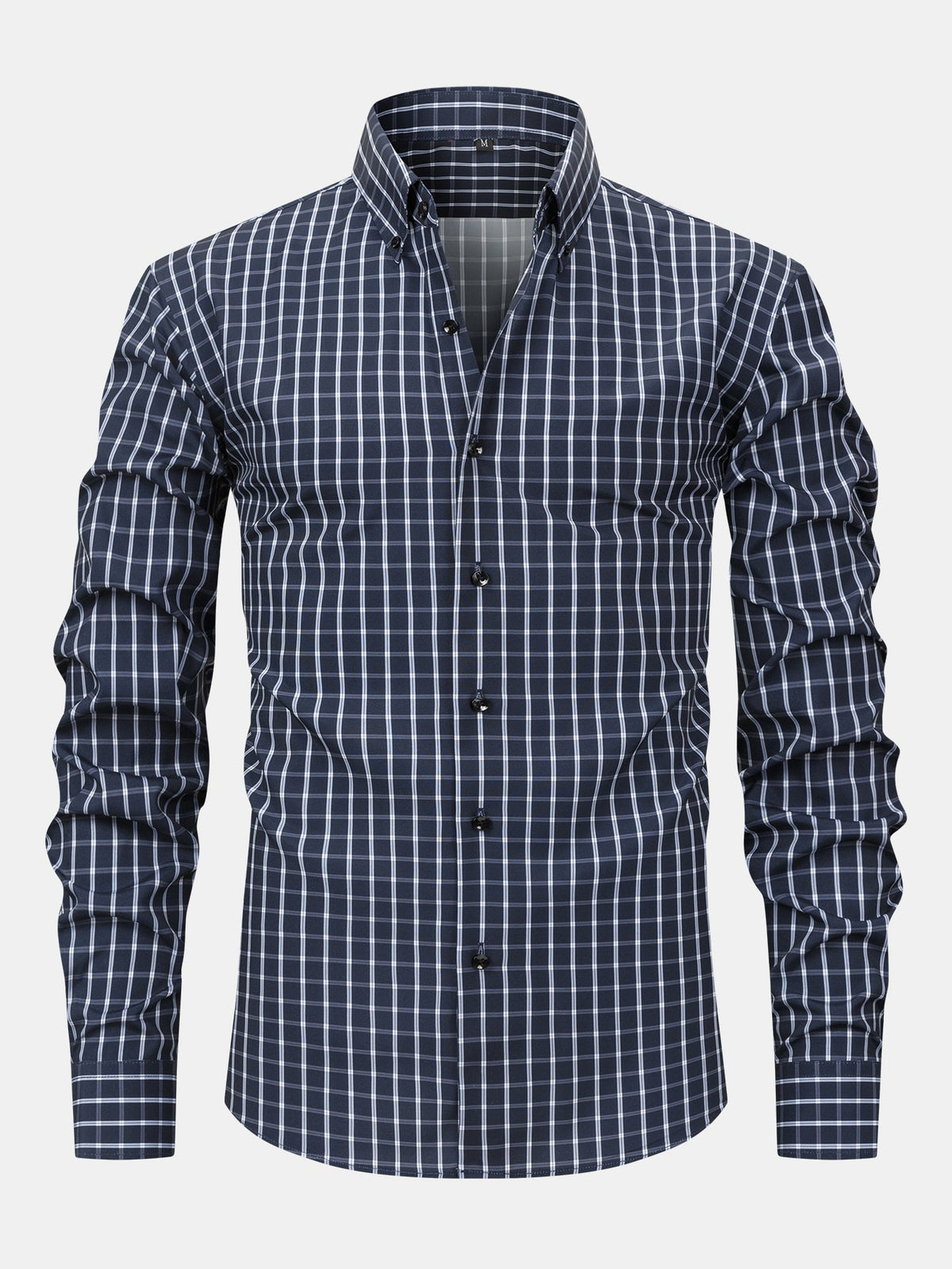 Long-sleeved plaid button-down shirt and tapered slim-fit trousers