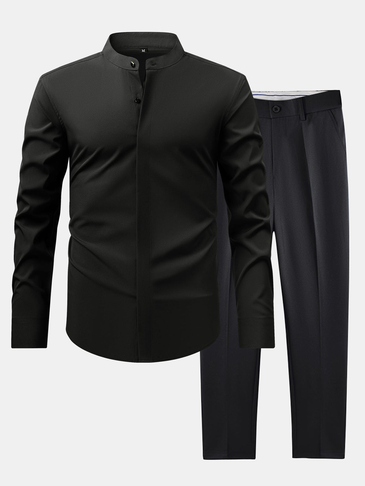 Camisa de Vestir con Cuello Mao y Pantalón Ajustado de Corte Cónico