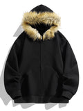 Relaxed fit faux fur collar zip up hoodie