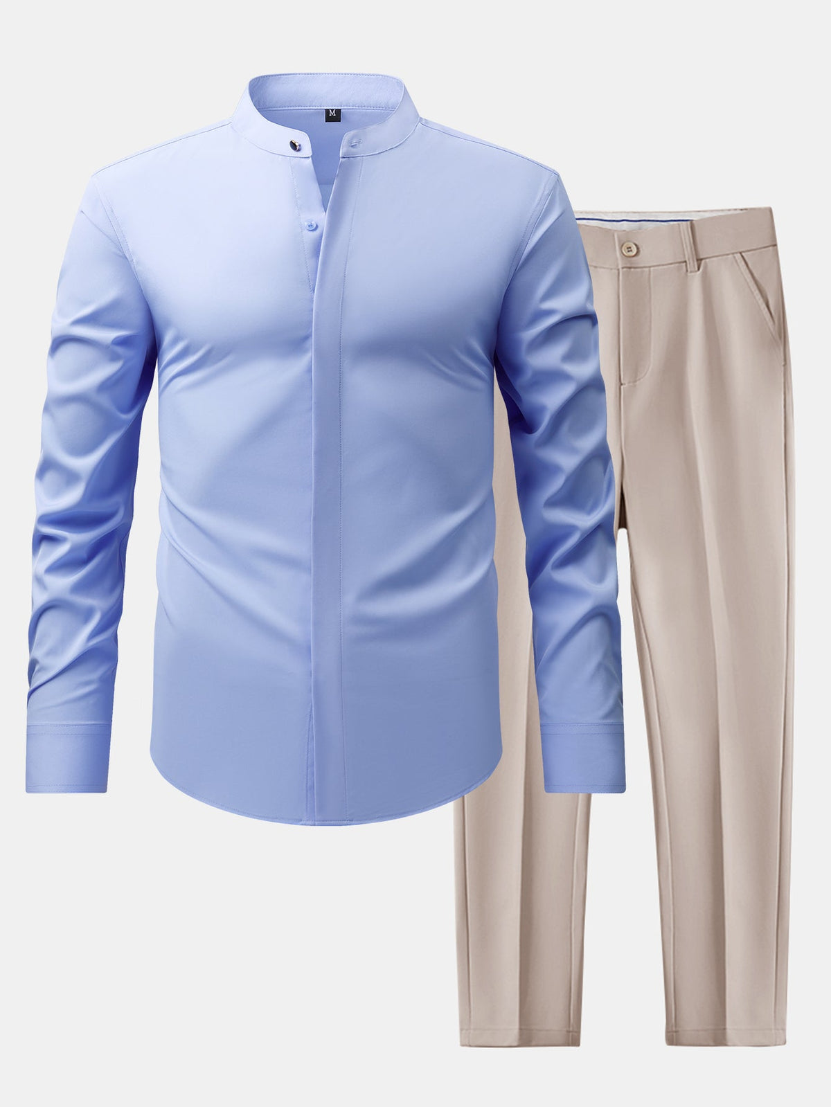 Camisa de Vestir con Cuello Mao y Pantalón Ajustado de Corte Cónico