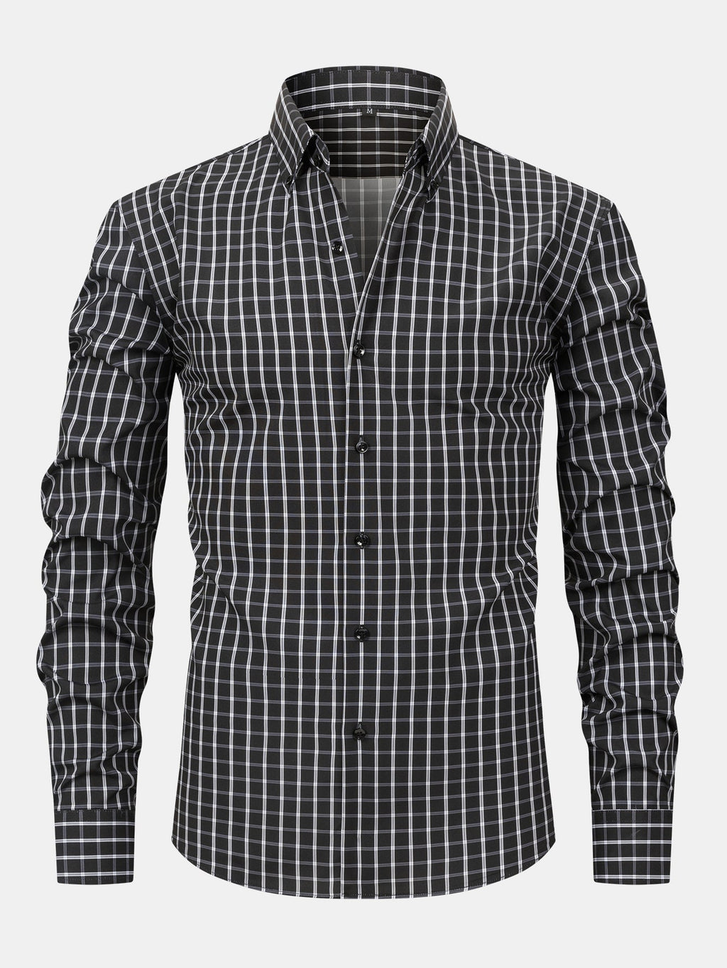 Long-sleeved plaid button-down shirt and tapered slim-fit trousers