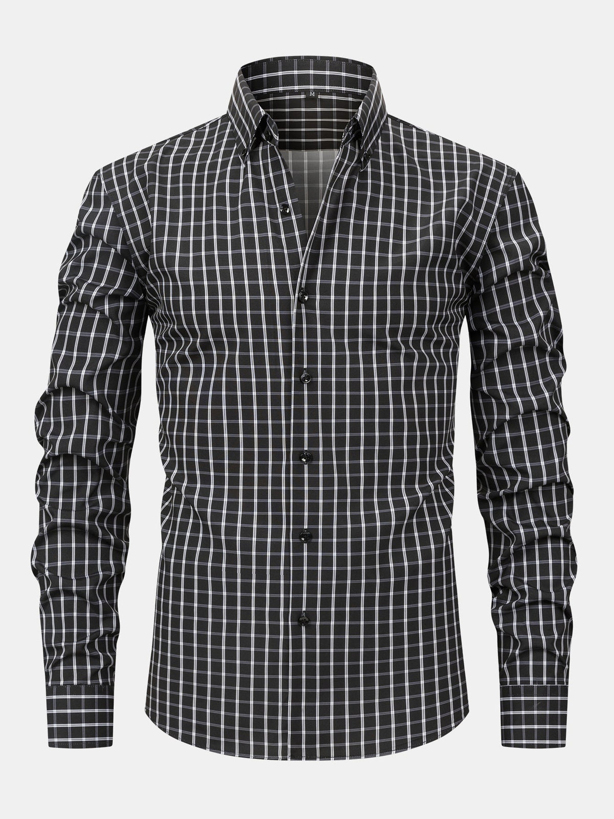 Long-sleeved plaid button-down shirt and tapered slim-fit trousers