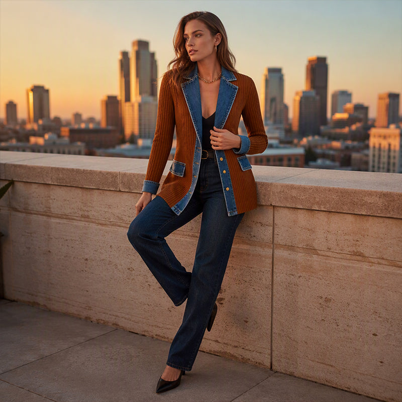 Chaqueta de punto acanalado con detalles en jean