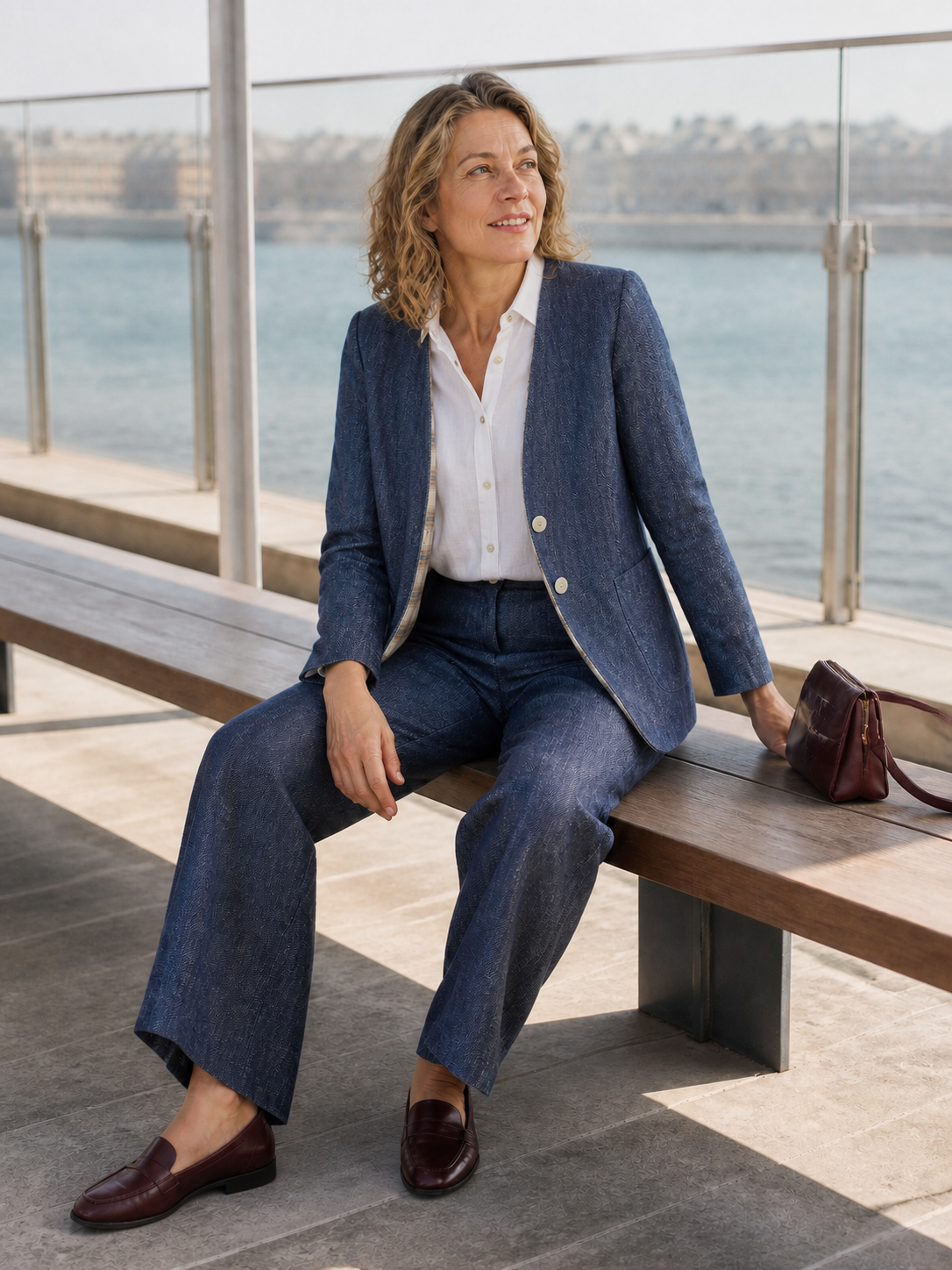 Chaqueta de lino reversible con textura denim y escote en V