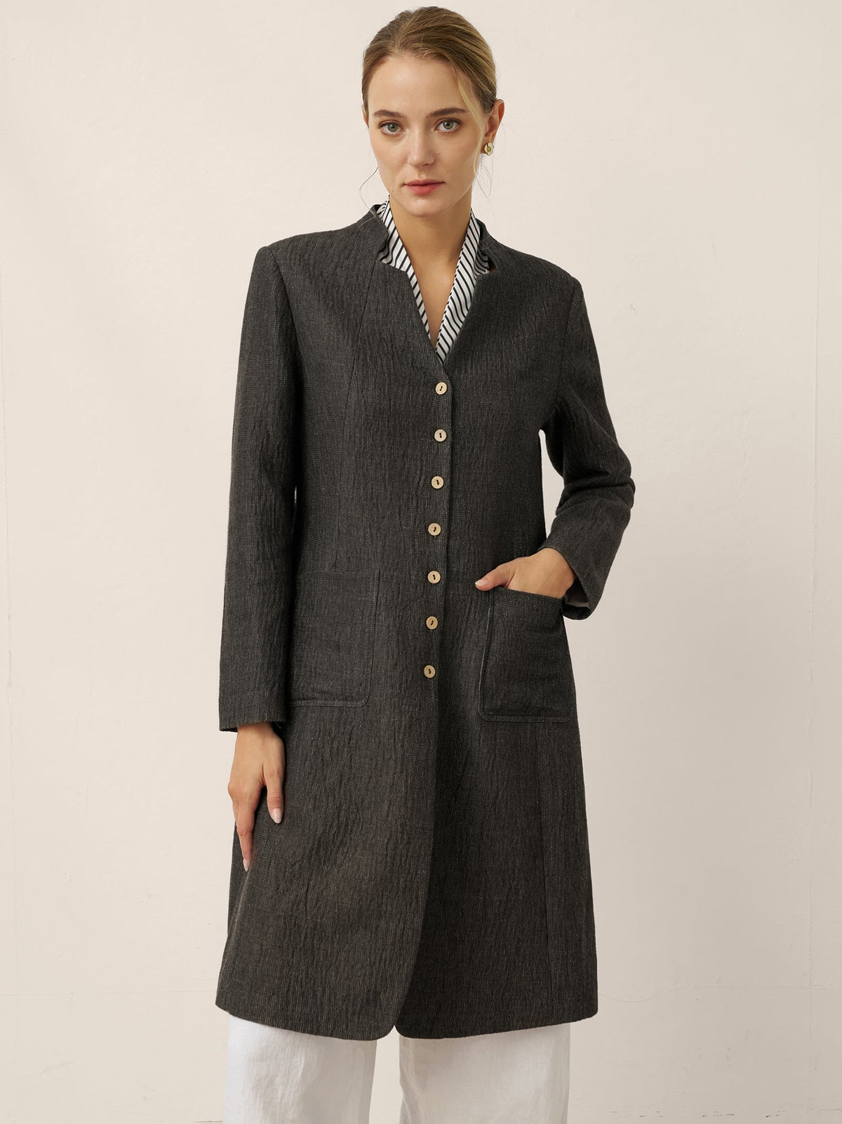 Abrigo-camisa largo con cuello mao de lino