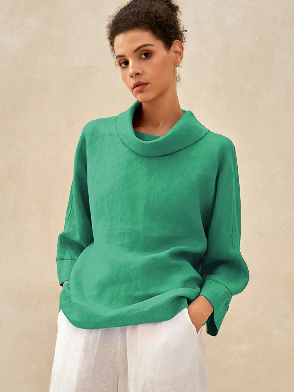 Top de lino con cuello doblado y mangas acampanadas