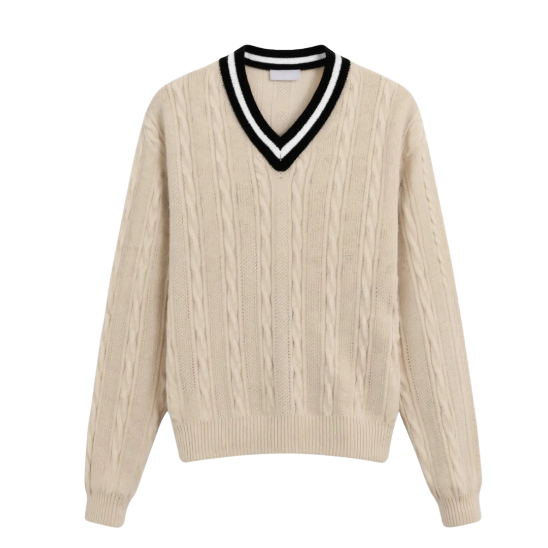 Jersey elegante de manga larga en punto de ochos con cuello en pico