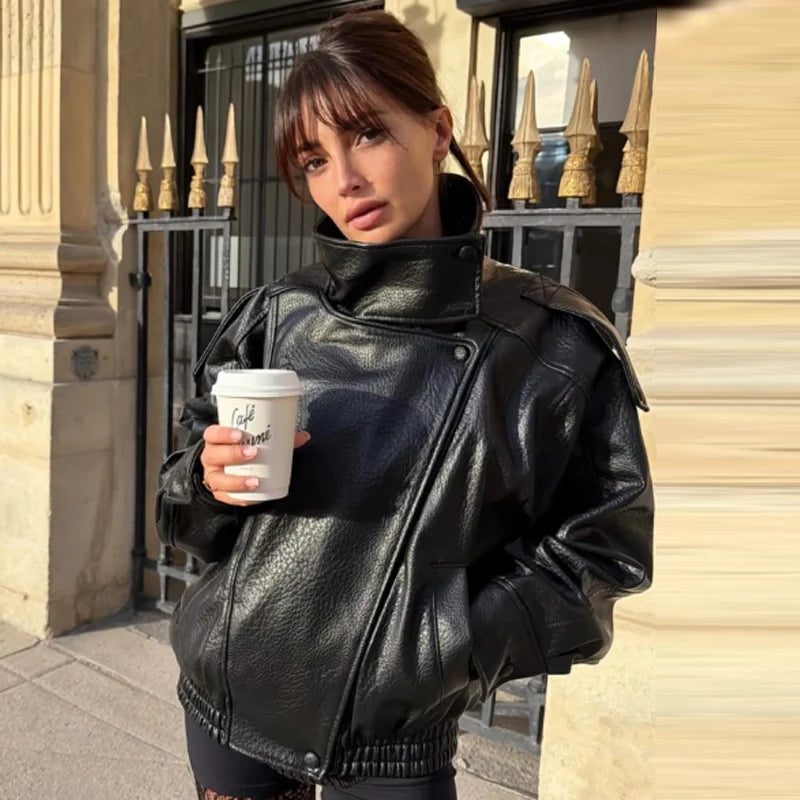 Black Faux Leather Bomber Jacket