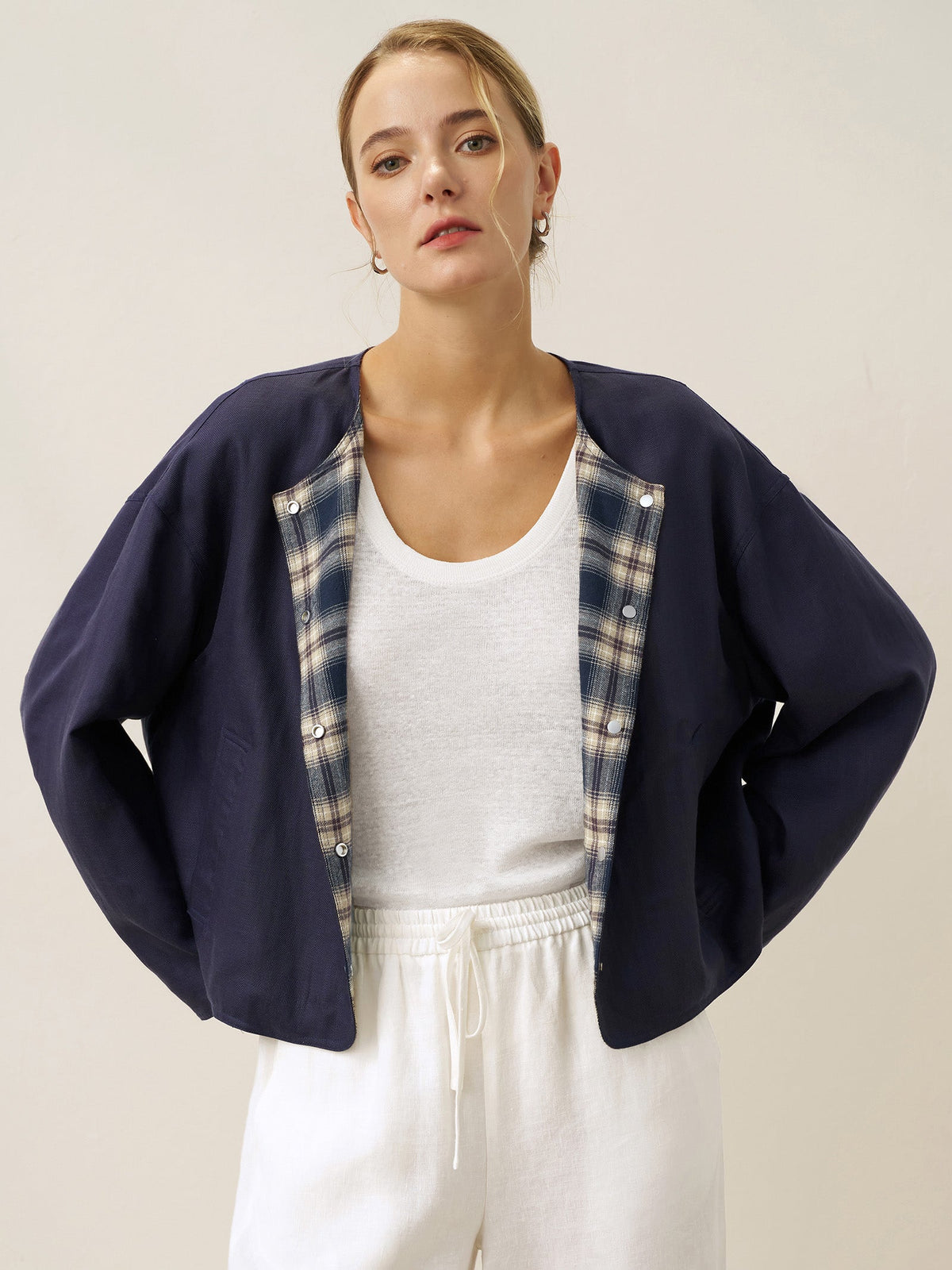 Chaqueta casual reversible de lino TENCEL con cuello redondo
