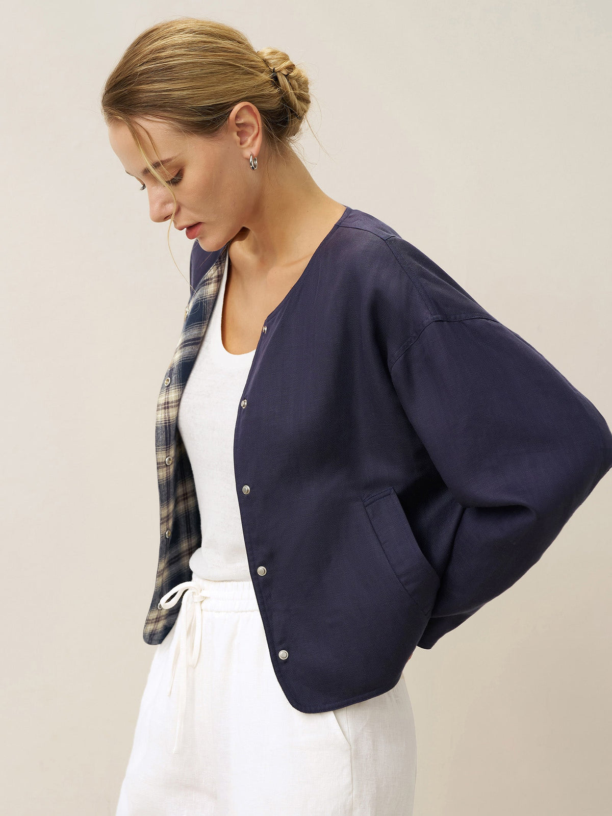 Chaqueta casual reversible de lino TENCEL con cuello redondo