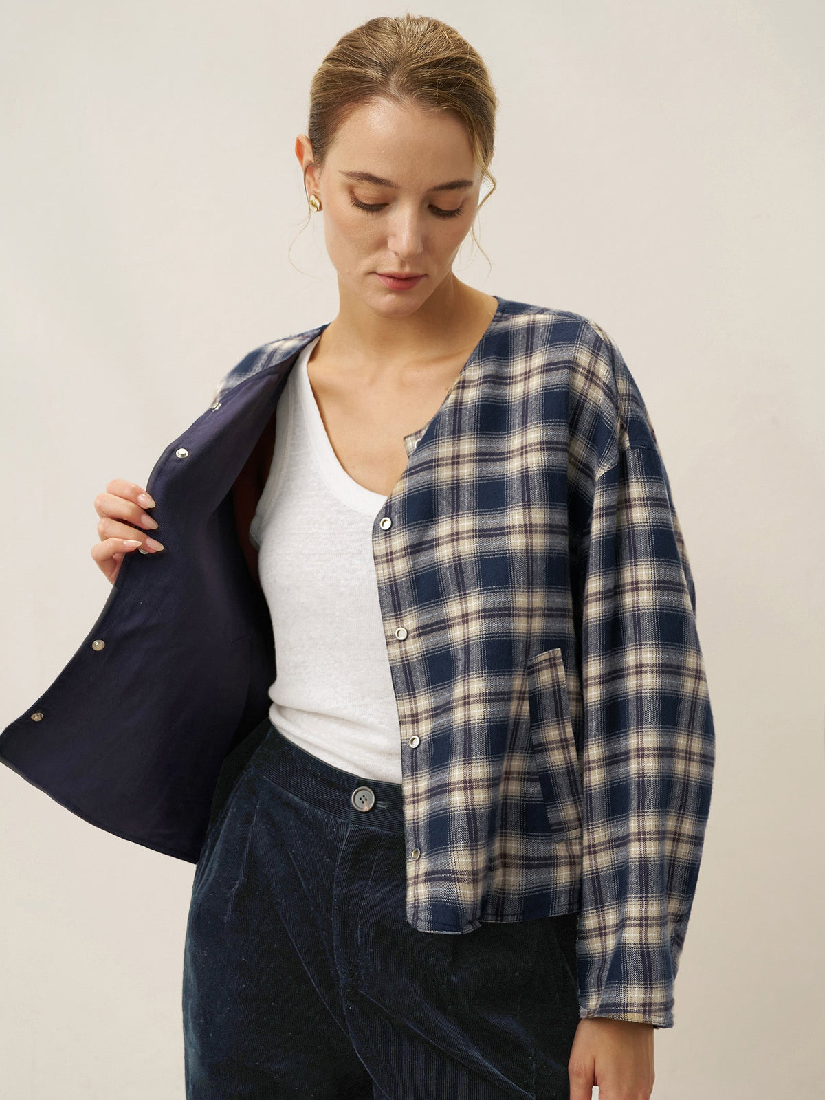 Chaqueta casual reversible de lino TENCEL con cuello redondo