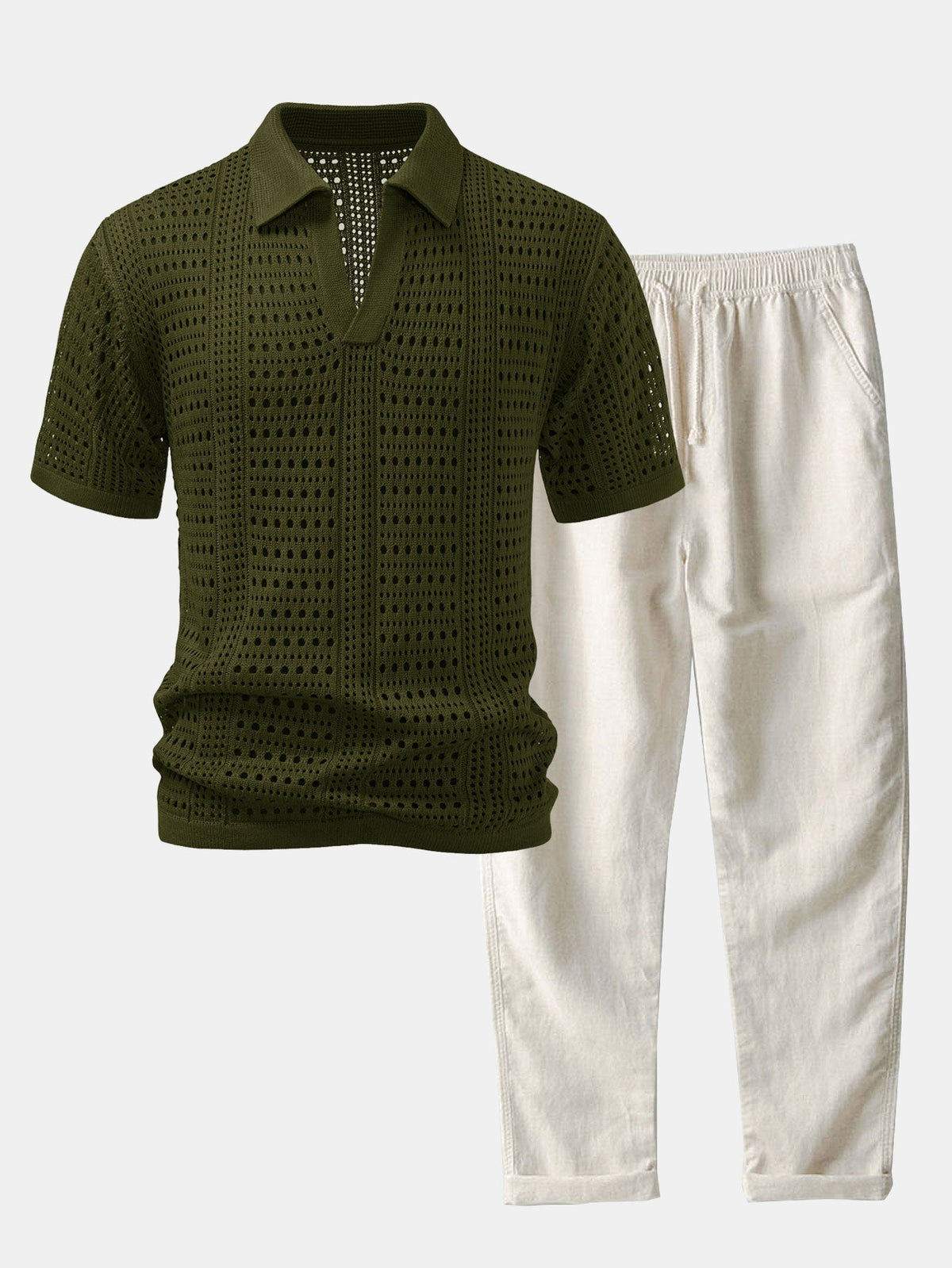 Polo de crochet con cuello en V & Pantalones de lino