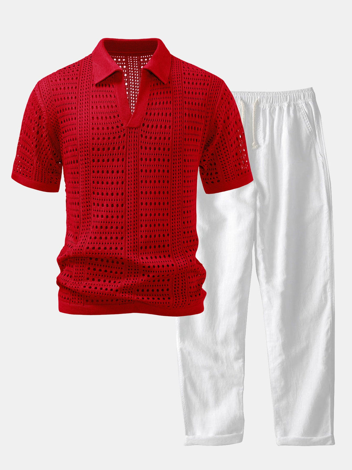 Polo de crochet con cuello en V & Pantalones de lino