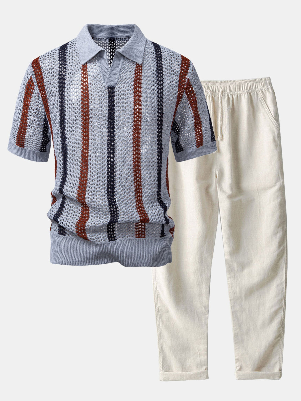 Polo de crochet a rayas con cuello en V y pantalones cortos de lino