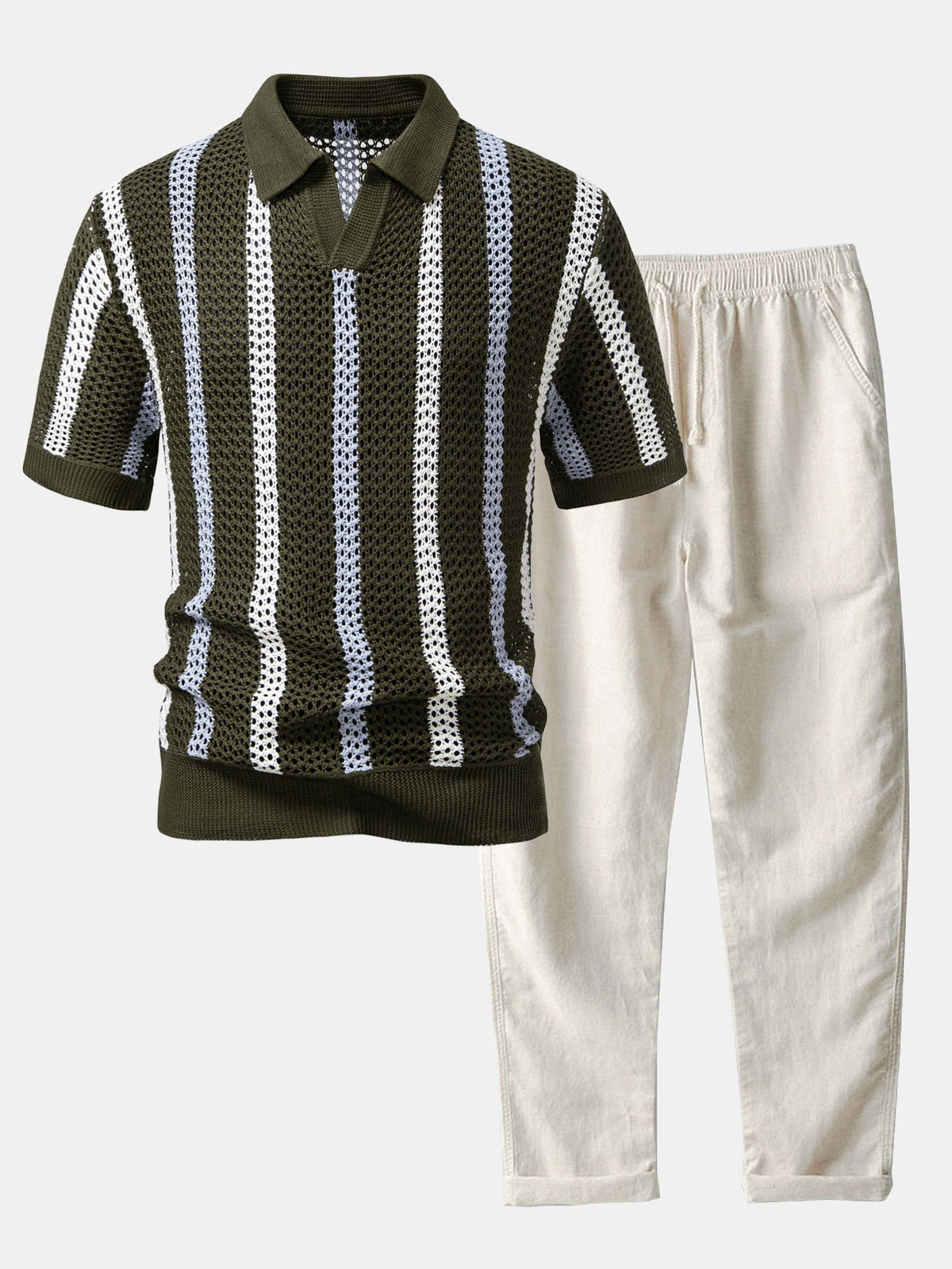 Polo de crochet a rayas con cuello en V y pantalones cortos de lino