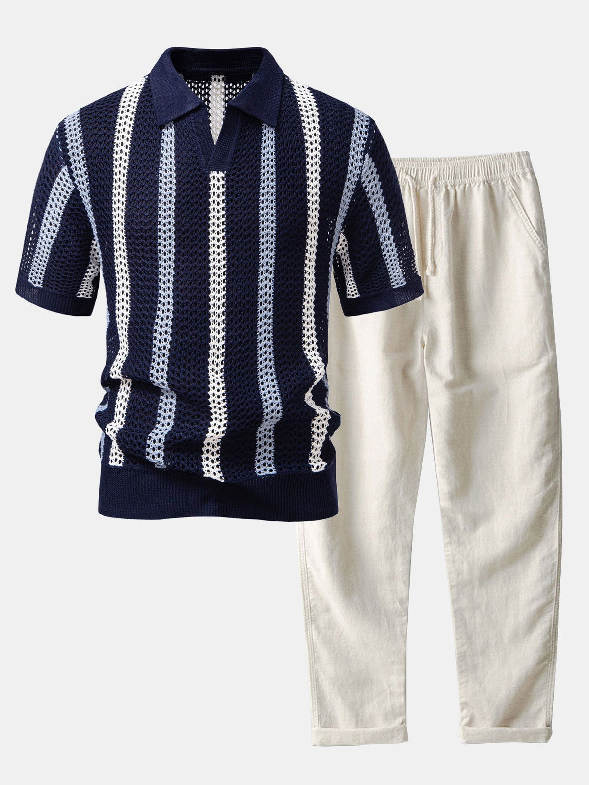 Polo de crochet a rayas con cuello en V y pantalones cortos de lino