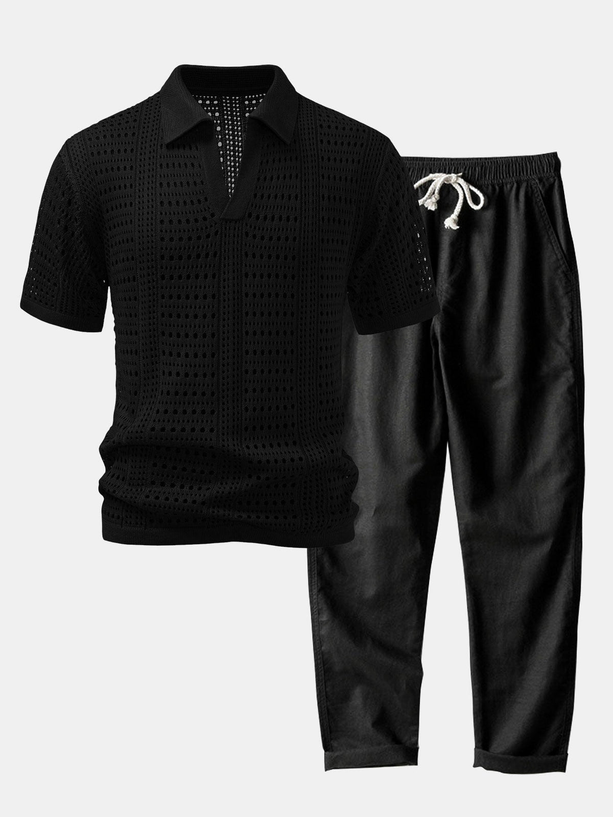 Polo de crochet con cuello en V & Pantalones de lino