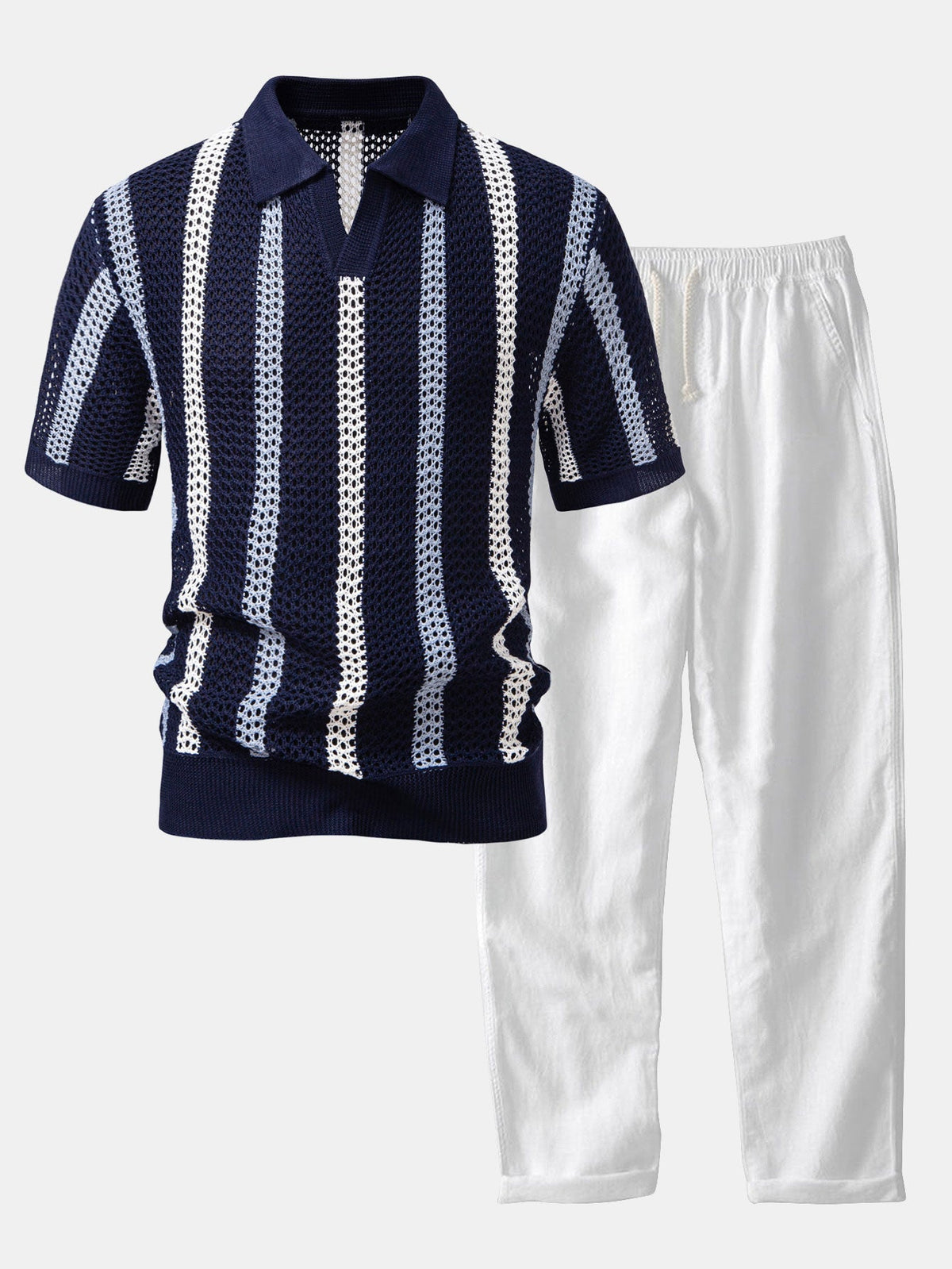Polo de crochet a rayas con cuello en V y pantalones cortos de lino