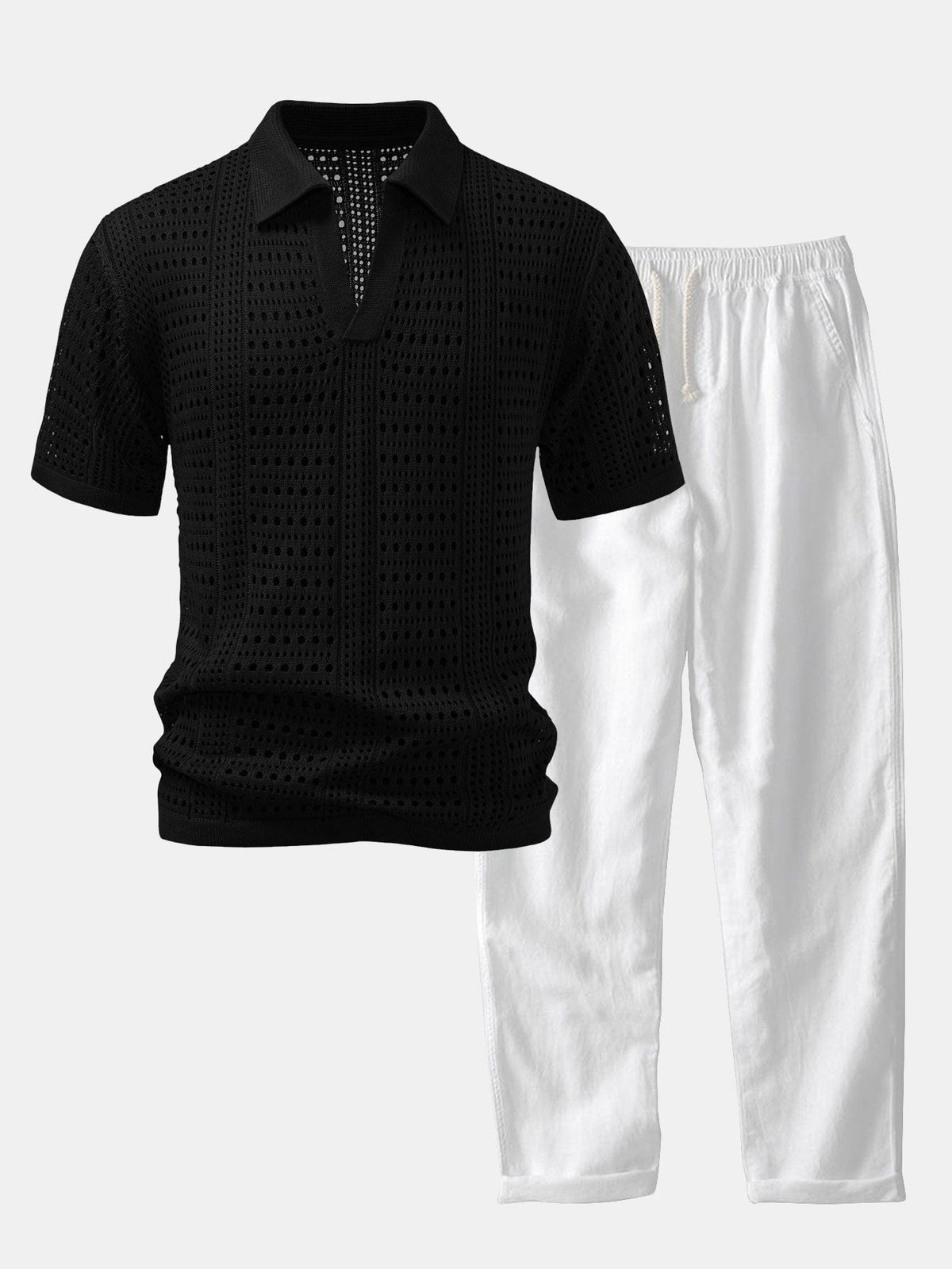 Polo de crochet con cuello en V & Pantalones de lino