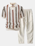 Polo de crochet a rayas con cuello en V y pantalones cortos de lino