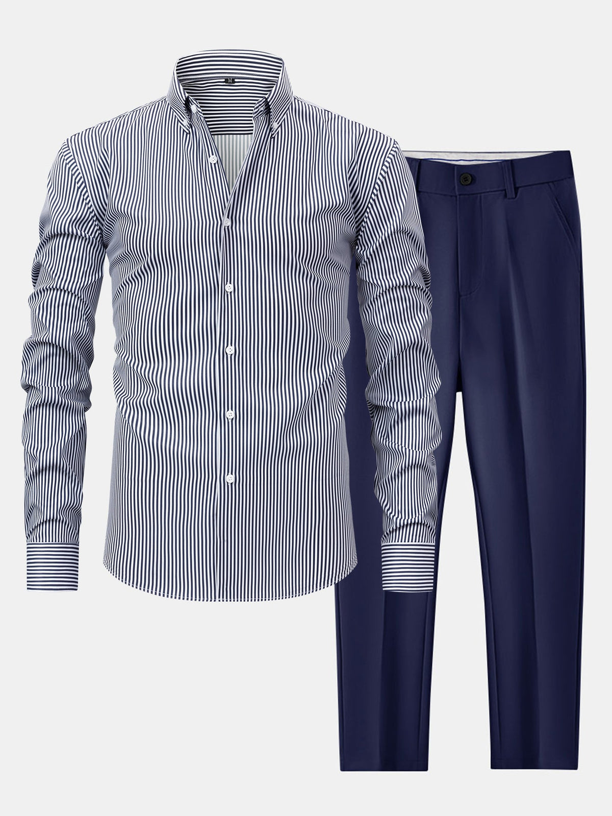 Camisa con botones de rayas de manga larga y pantalones ajustados de corte cónico