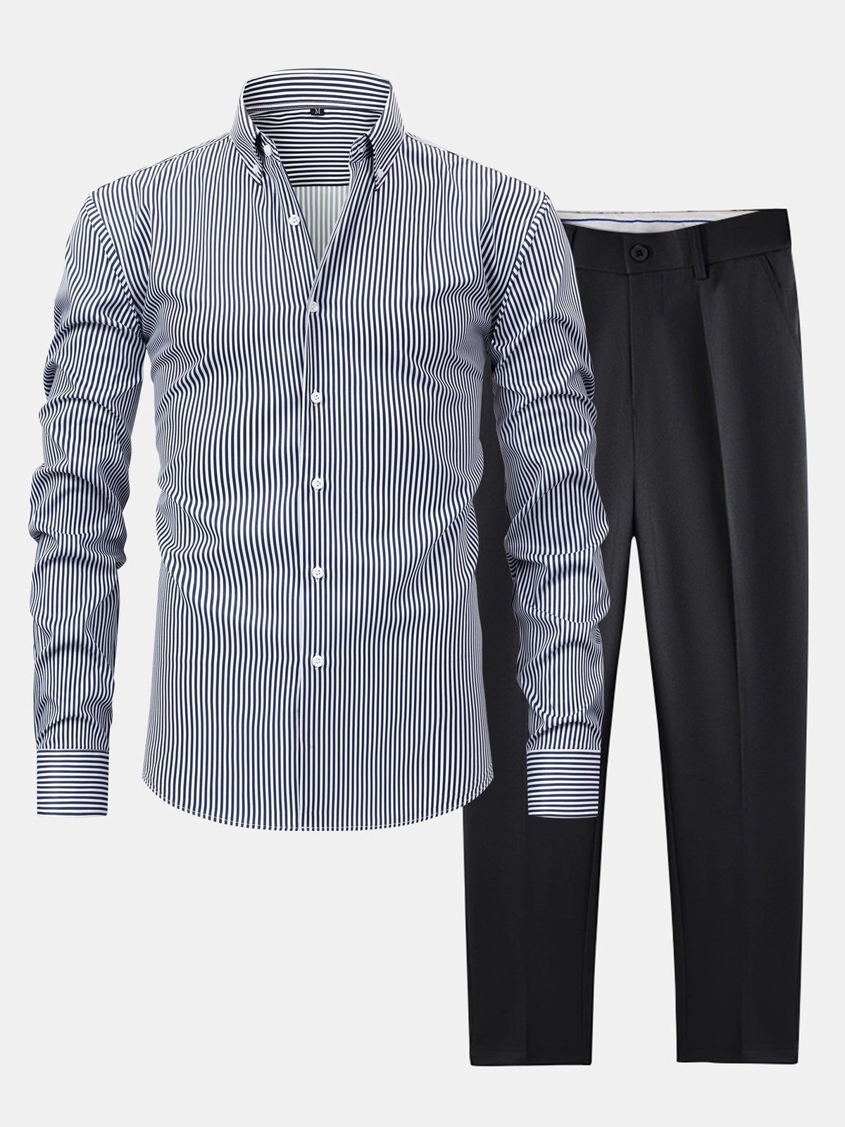 Camisa con botones de rayas de manga larga y pantalones ajustados de corte cónico