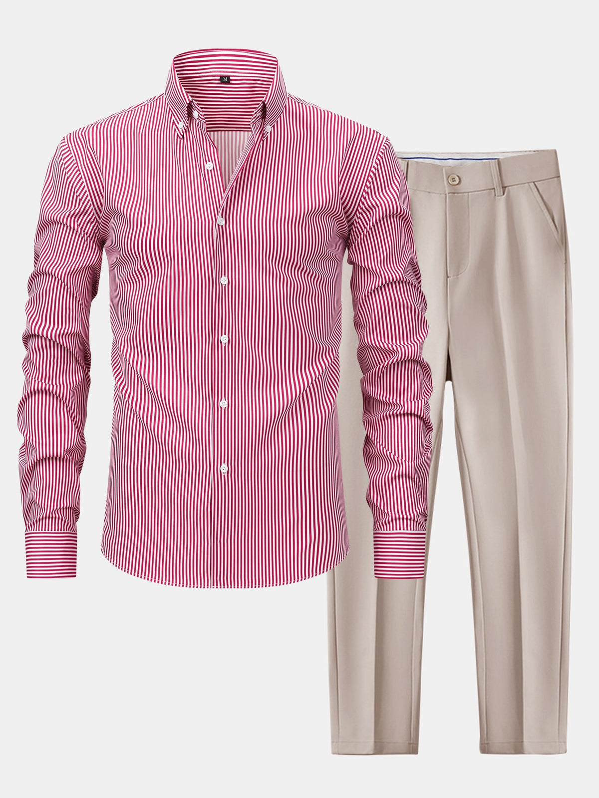 Camisa con botones de rayas de manga larga y pantalones ajustados de corte cónico