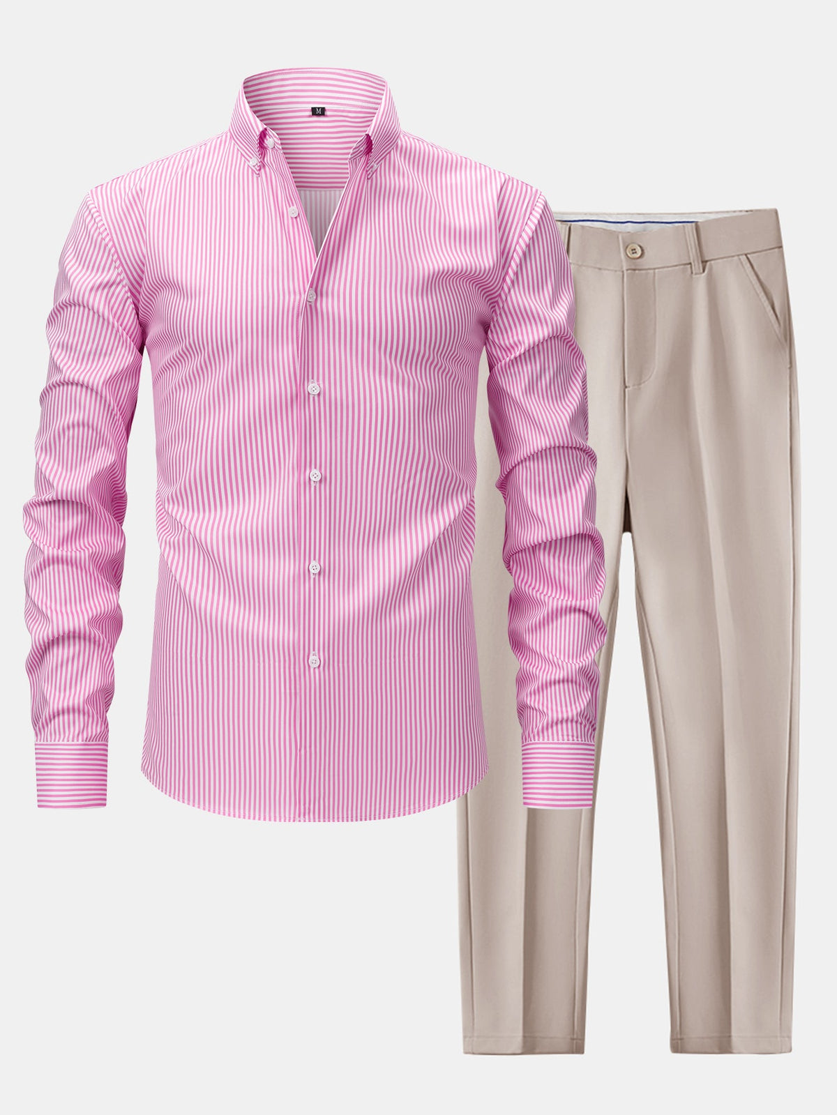 Camisa con botones de rayas de manga larga y pantalones ajustados de corte cónico