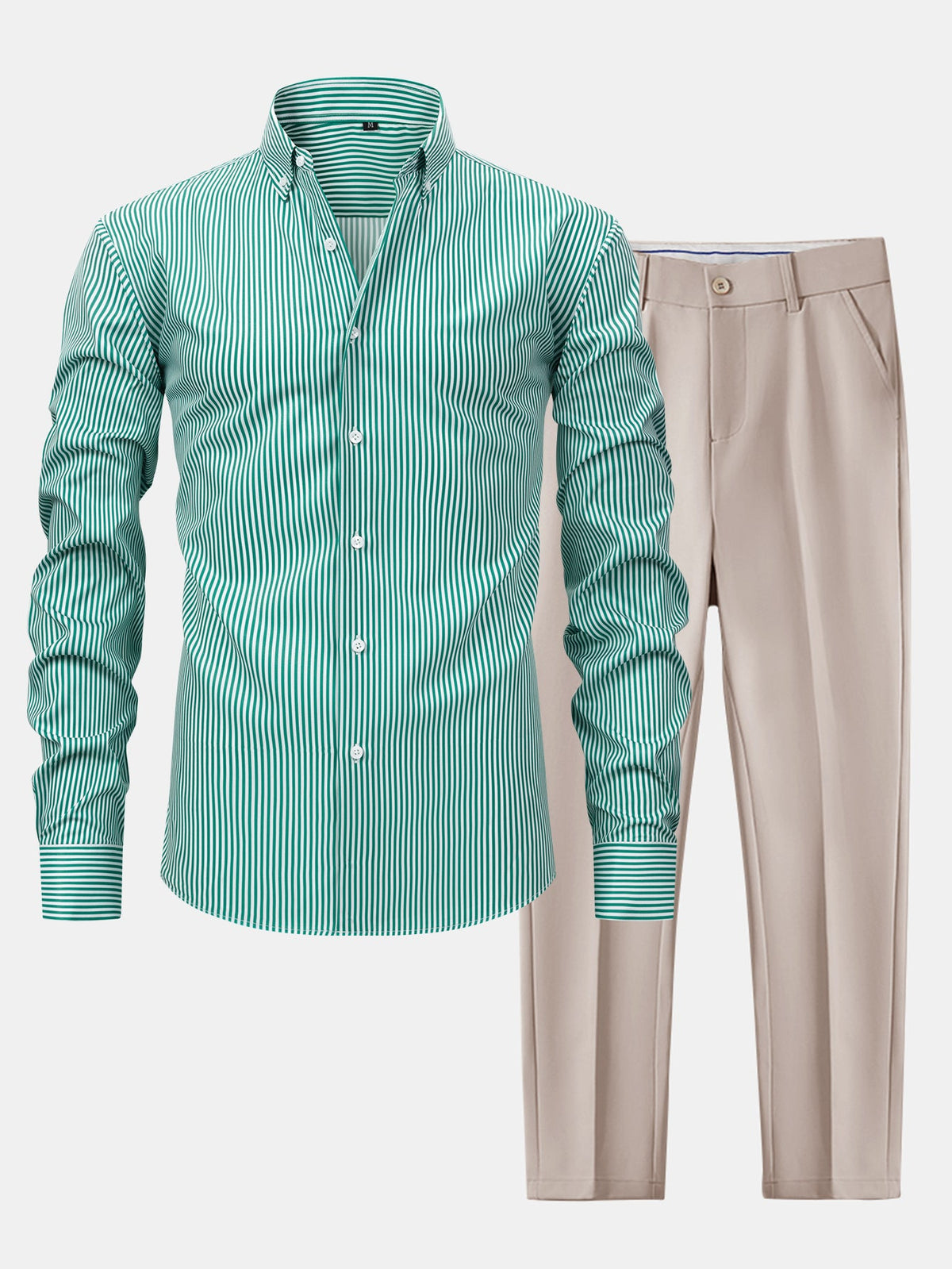 Camisa con botones de rayas de manga larga y pantalones ajustados de corte cónico